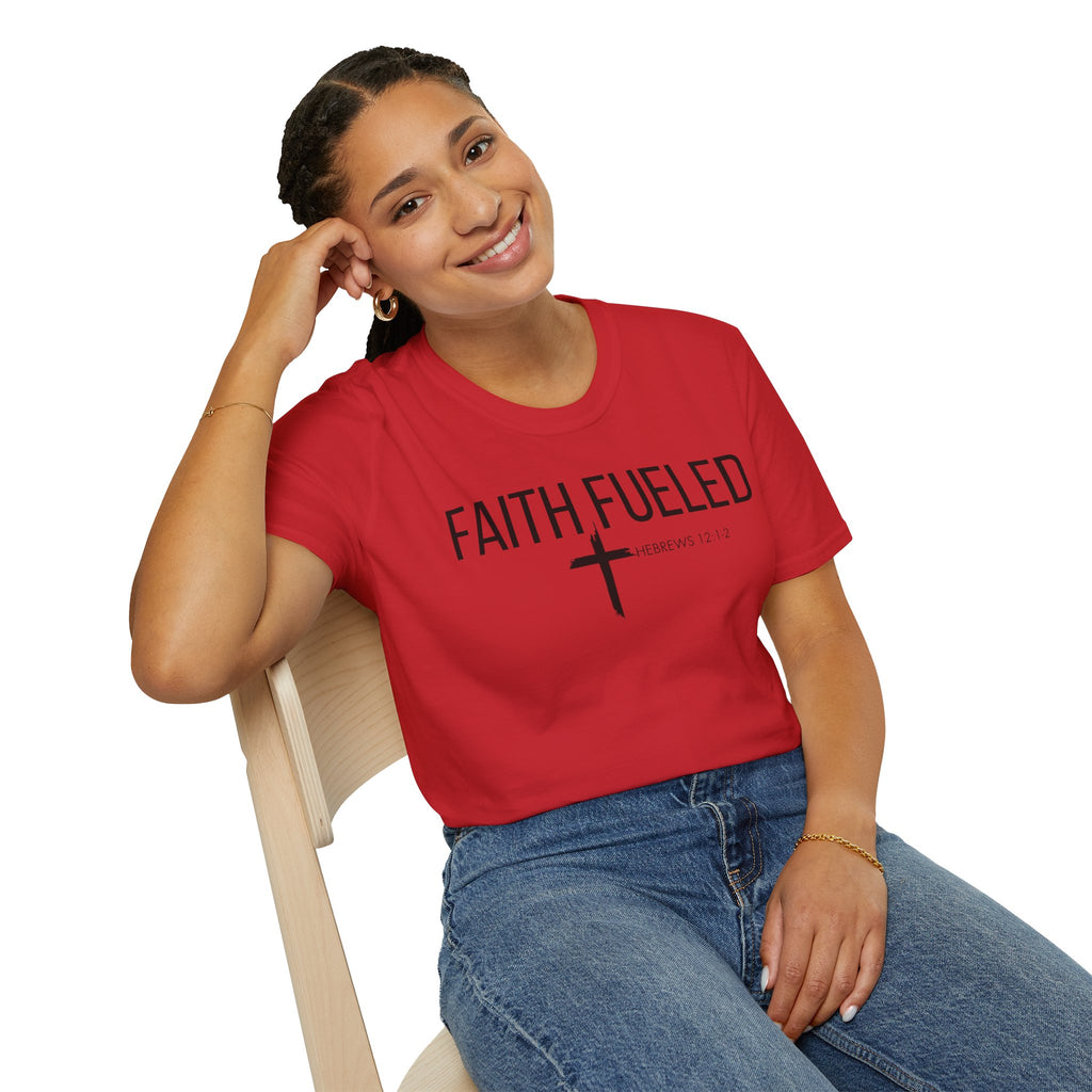 Faith Fueled T-Shirt — Christian Cross Tee with Scripture (Hebrews 12:2)