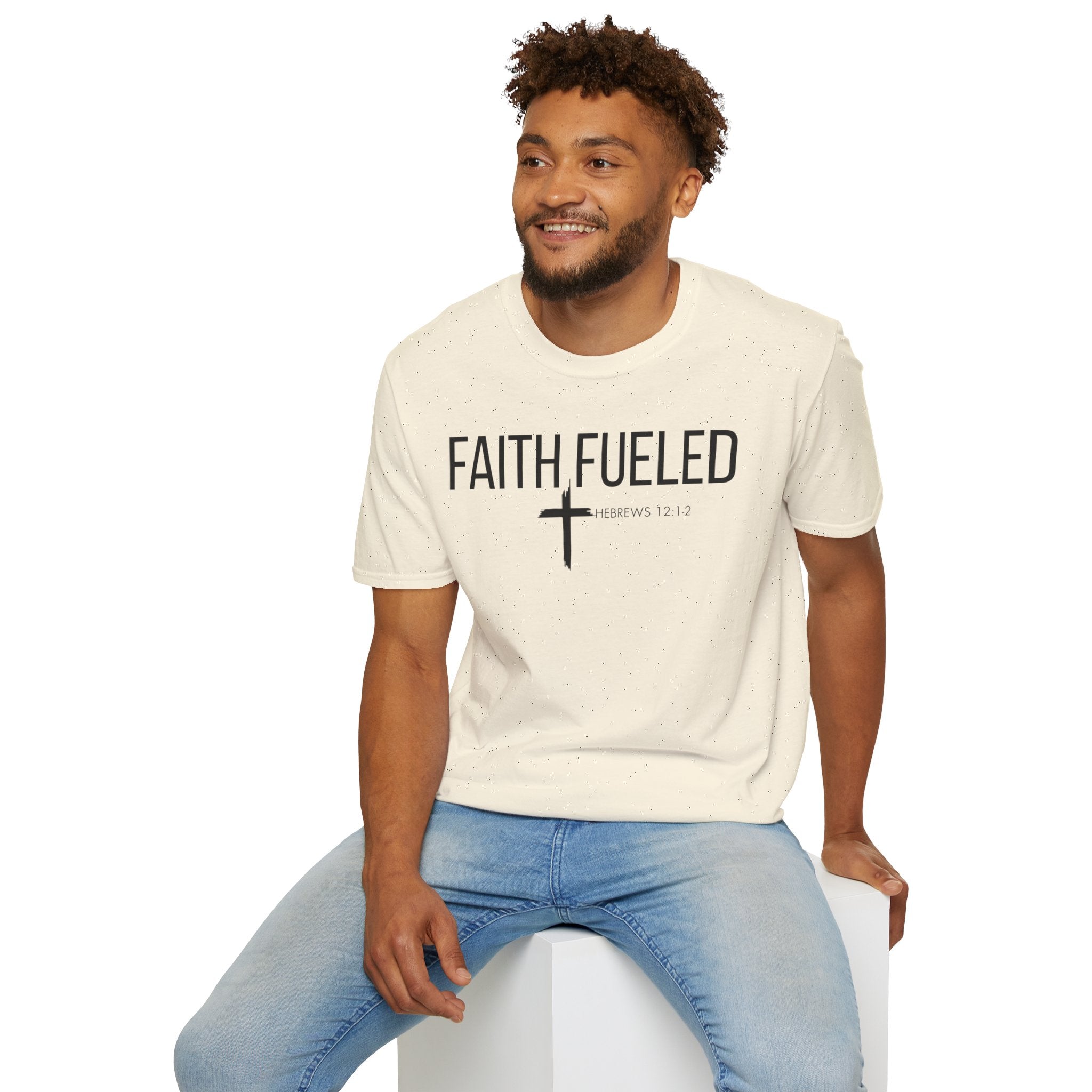 Faith Fueled T-Shirt — Christian Cross Tee with Scripture (Hebrews 12:2)