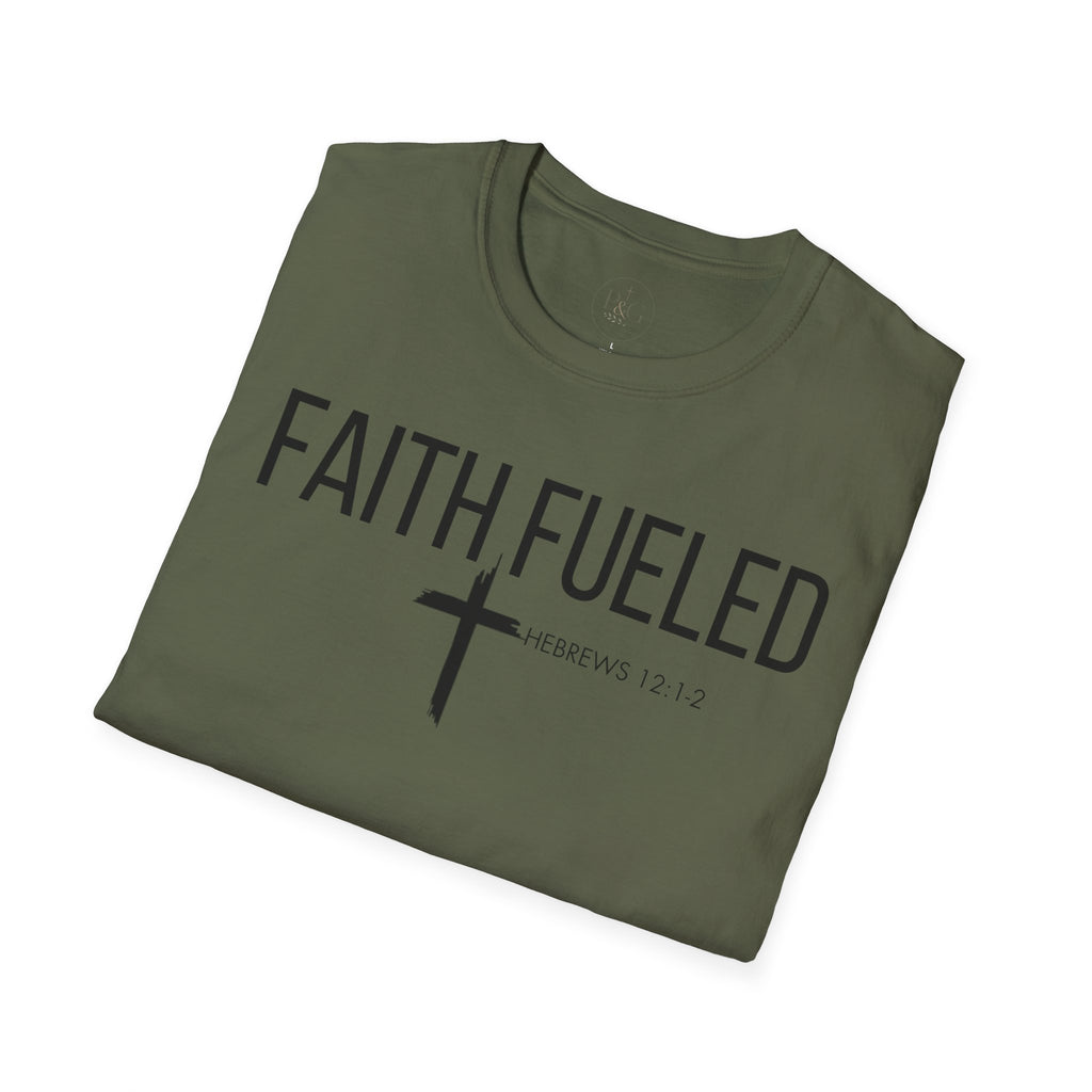 Faith Fueled T-Shirt — Christian Cross Tee with Scripture (Hebrews 12:2)
