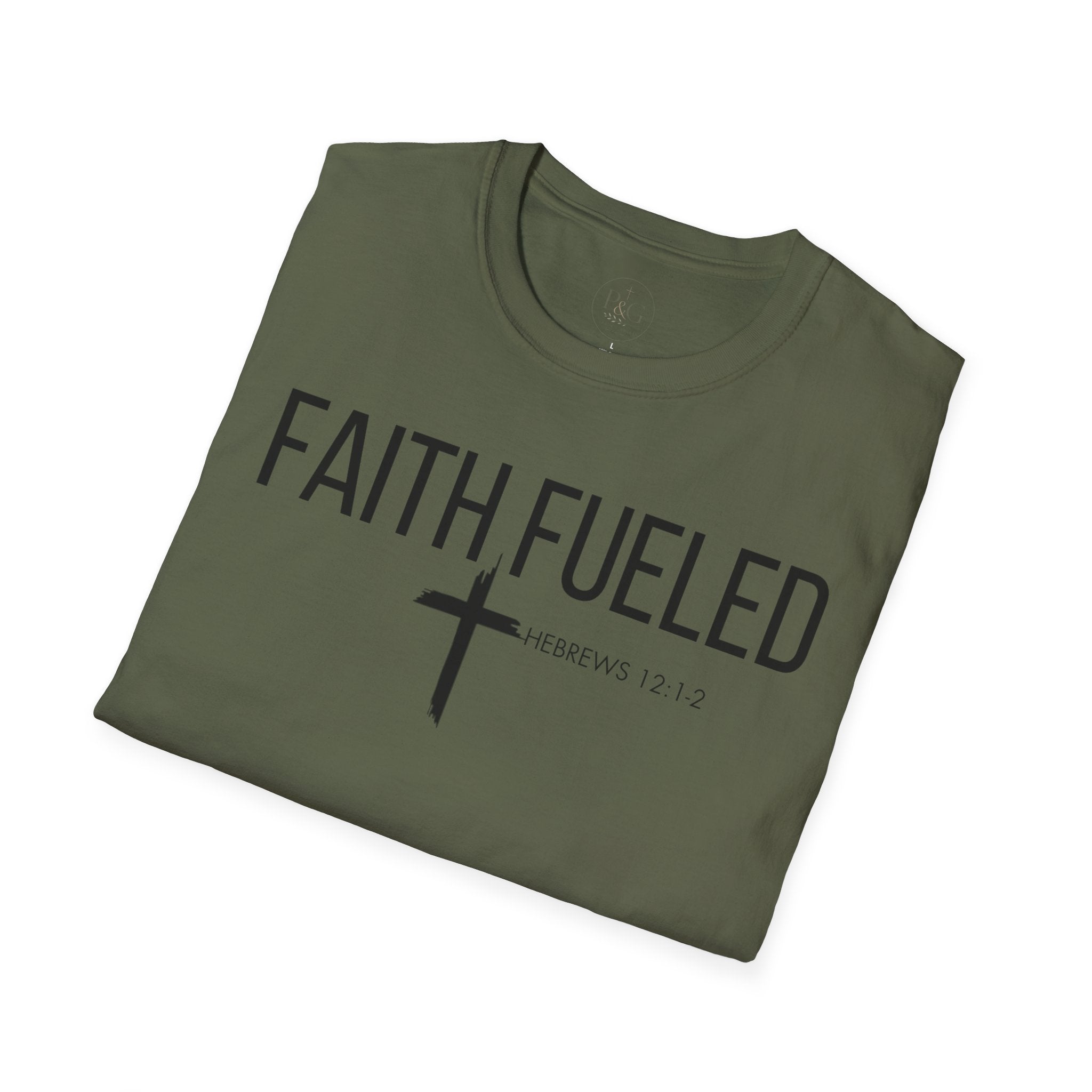 Faith Fueled T-Shirt — Christian Cross Tee with Scripture (Hebrews 12:2)