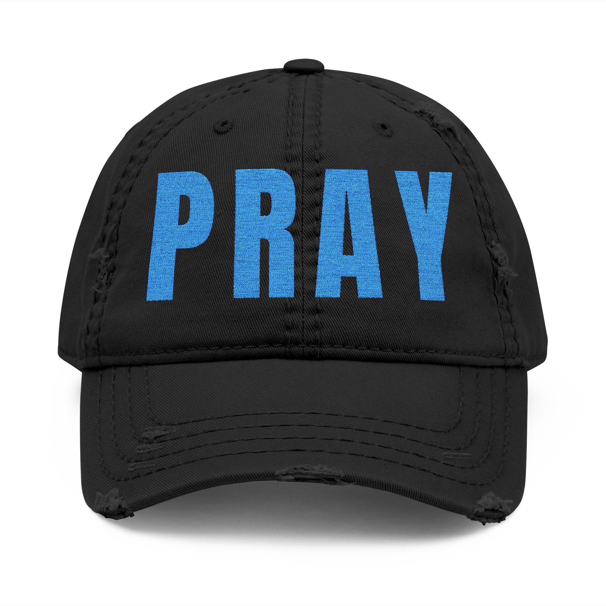 PRAY Distressed Dad Hat — Embroidered Vintage Baseball Cap for Faith & Prayer