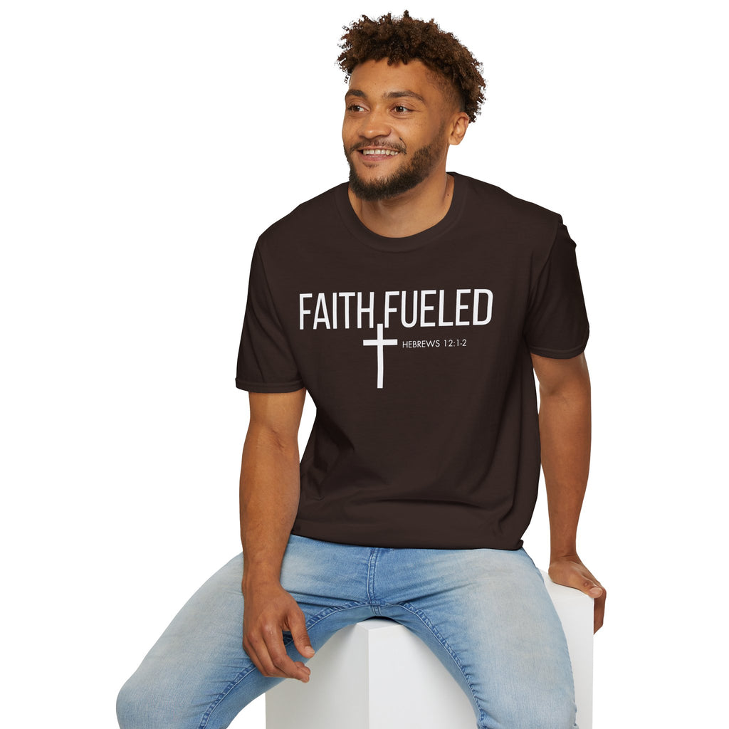 Faith Fueled T-Shirt — Christian Cross Tee with Scripture (Hebrews 12:2)