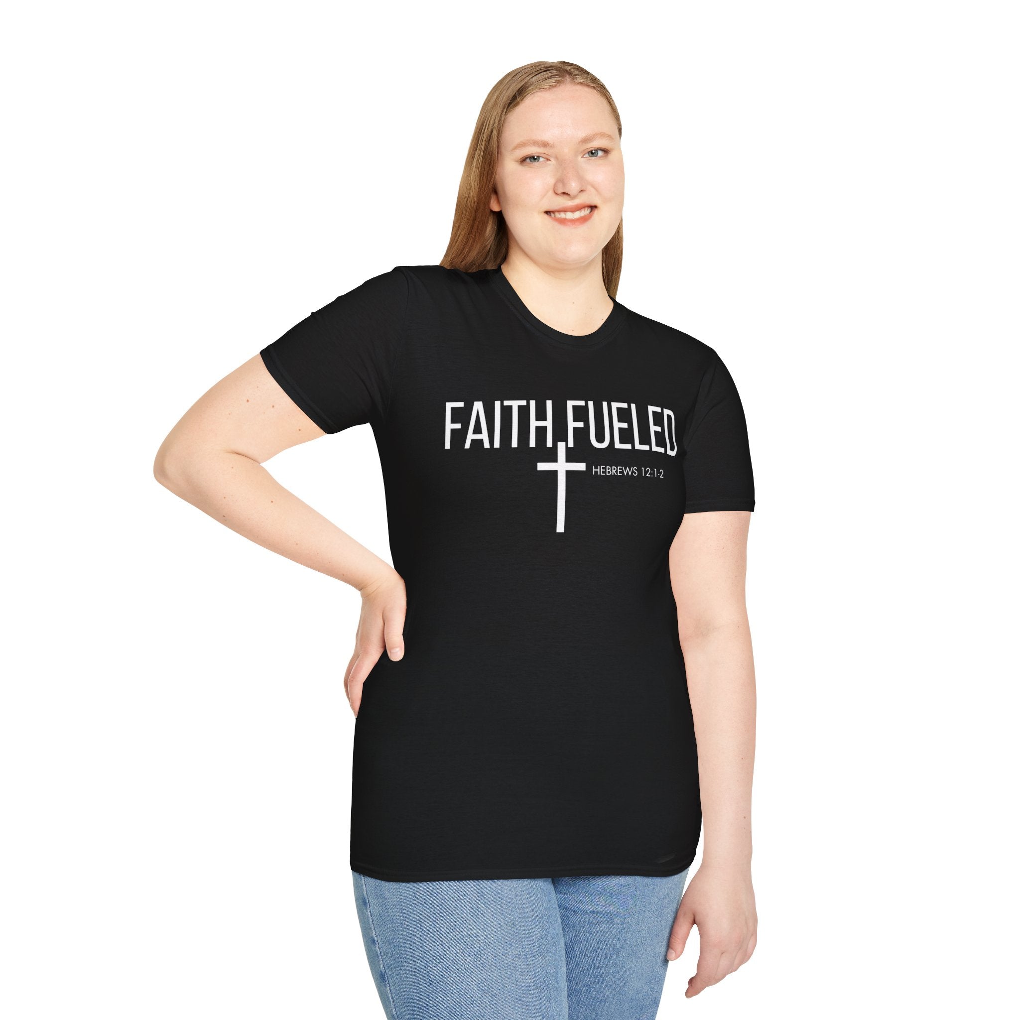 Faith Fueled T-Shirt — Christian Cross Tee with Scripture (Hebrews 12:2)