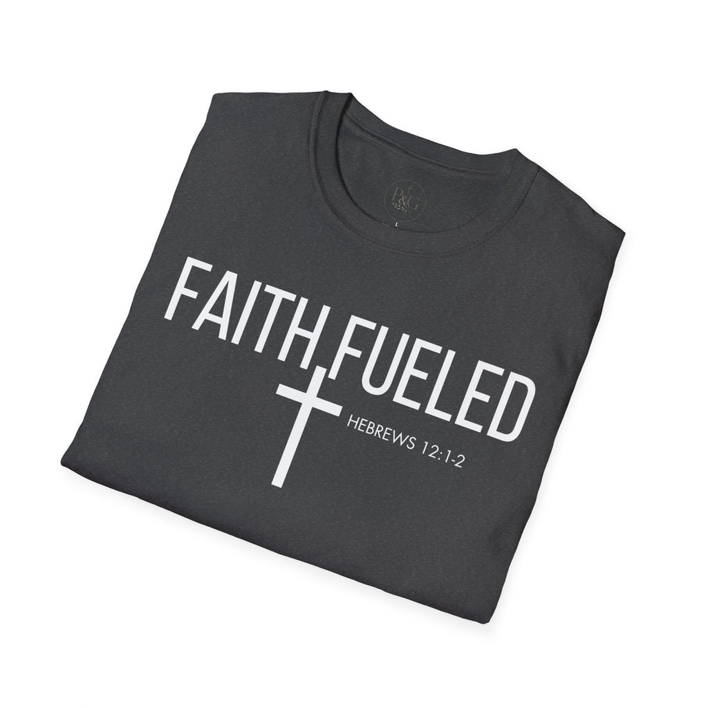 Faith Fueled T-Shirt — Christian Cross Tee with Scripture (Hebrews 12:2)