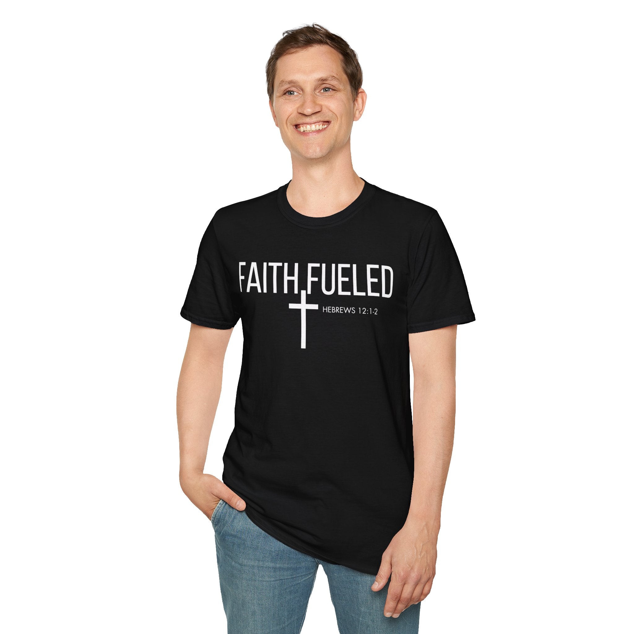 Faith Fueled T-Shirt — Christian Cross Tee with Scripture (Hebrews 12:2)