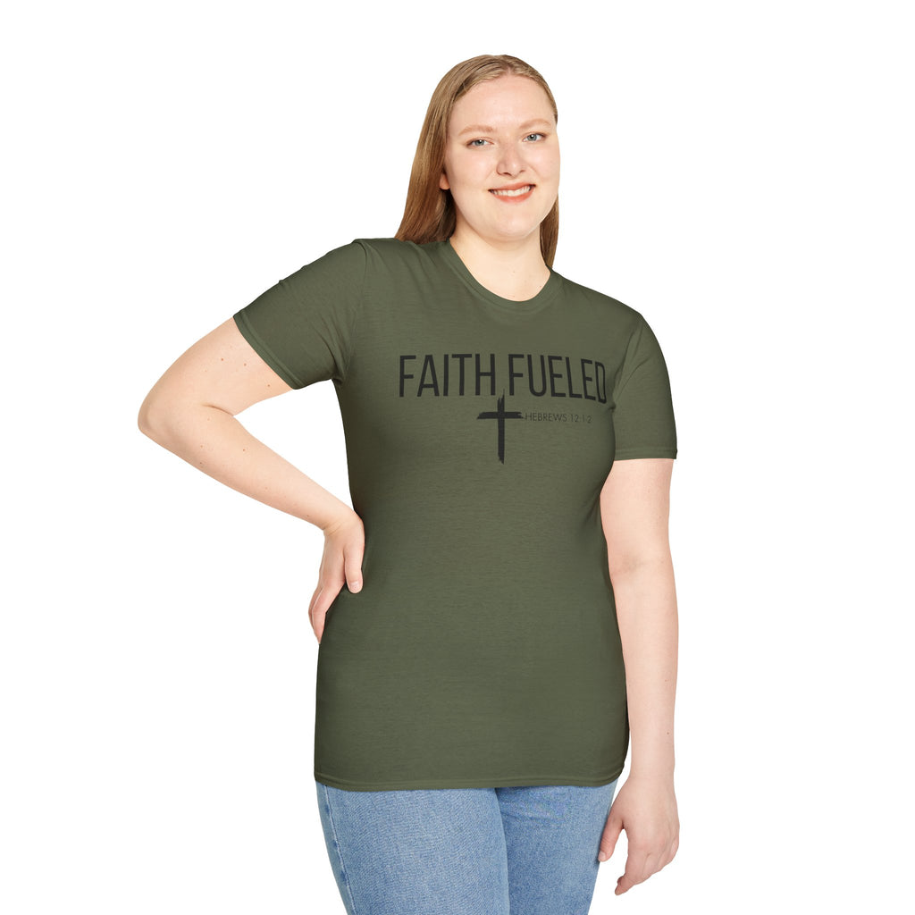 Faith Fueled T-Shirt — Christian Cross Tee with Scripture (Hebrews 12:2)