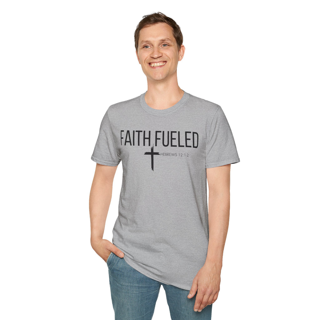 Faith Fueled T-Shirt — Christian Cross Tee with Scripture (Hebrews 12:2)