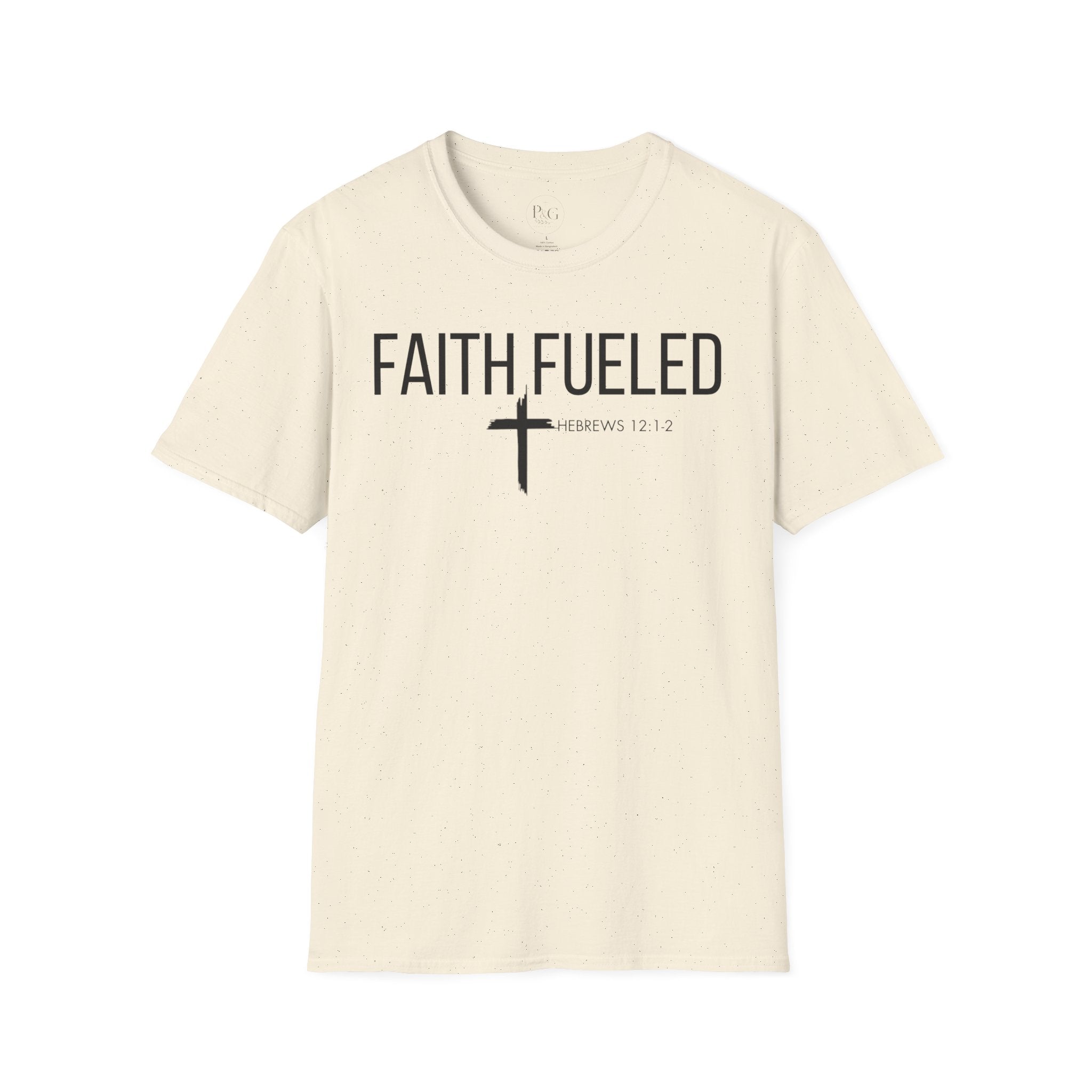 Faith Fueled T-Shirt — Christian Cross Tee with Scripture (Hebrews 12:2)