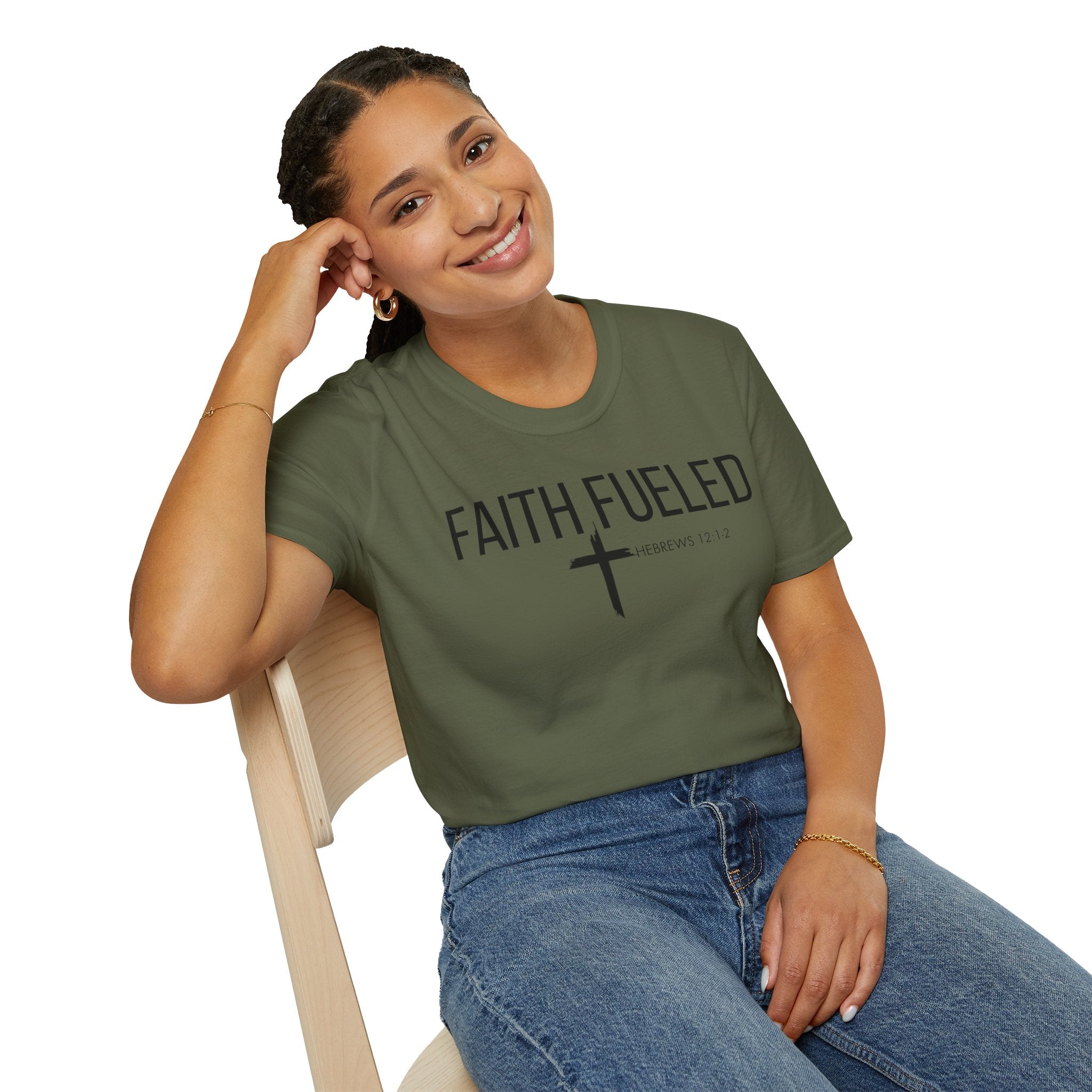 Faith Fueled T-Shirt — Christian Cross Tee with Scripture (Hebrews 12:2)