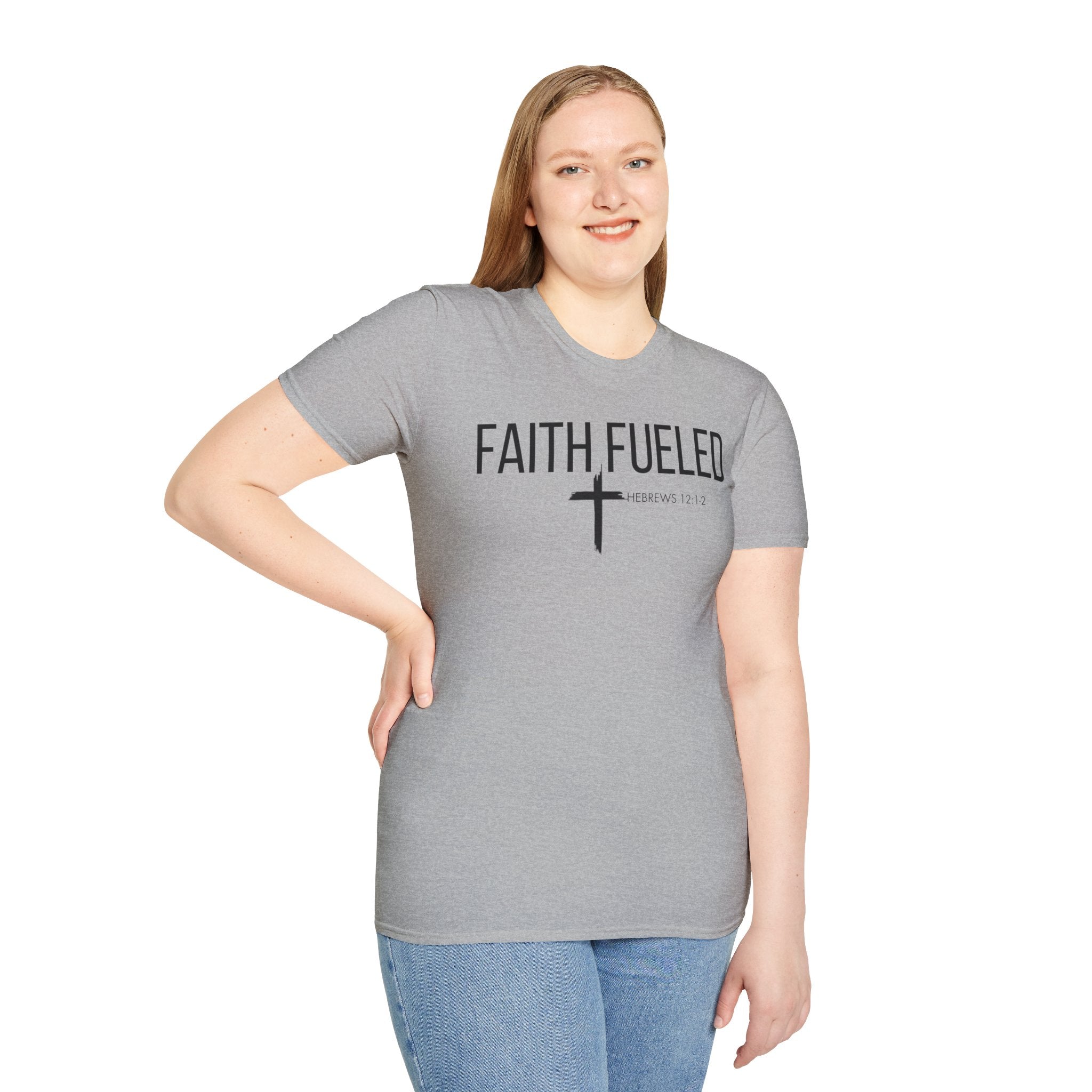 Faith Fueled T-Shirt — Christian Cross Tee with Scripture (Hebrews 12:2)