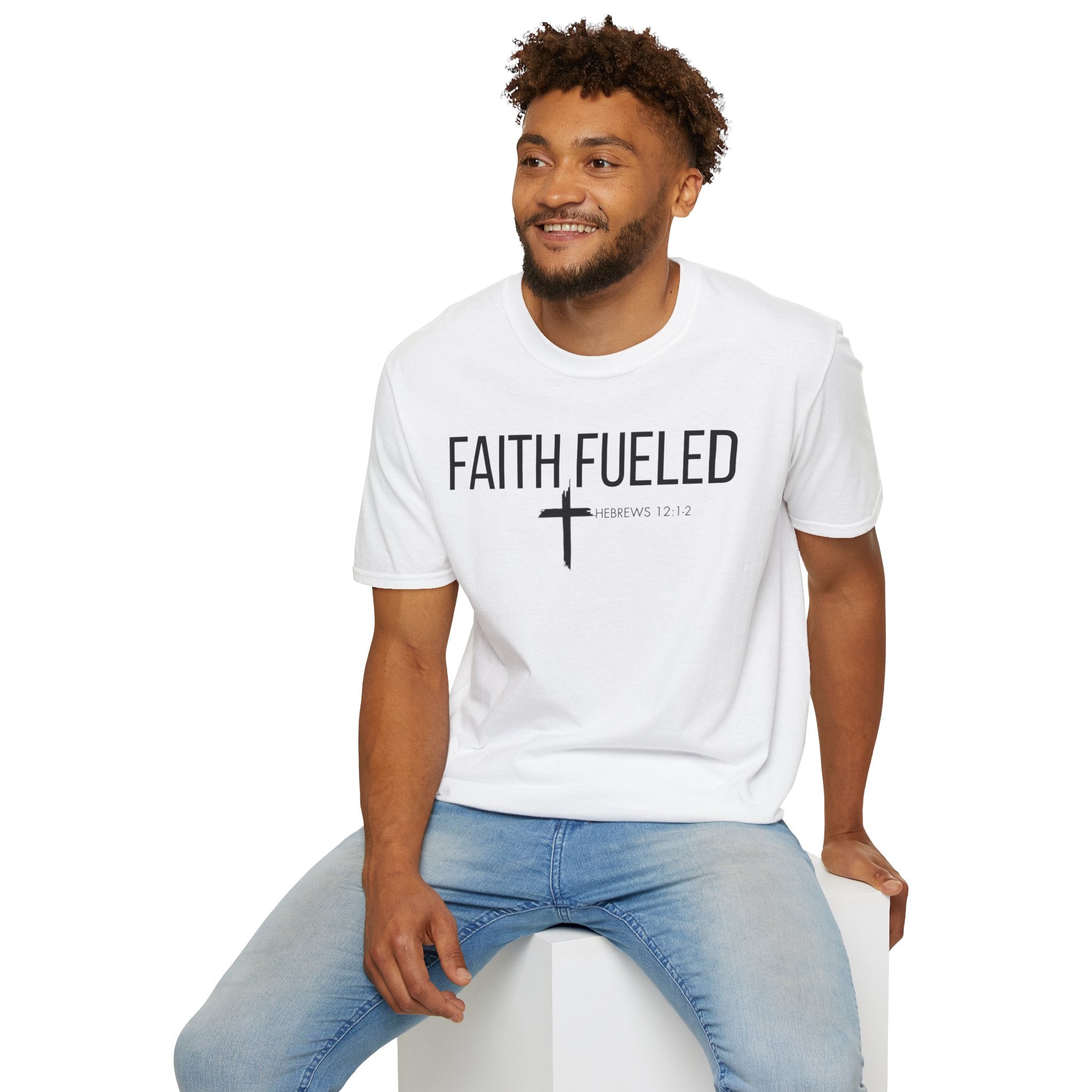 Faith Fueled T-Shirt — Christian Cross Tee with Scripture (Hebrews 12:2)