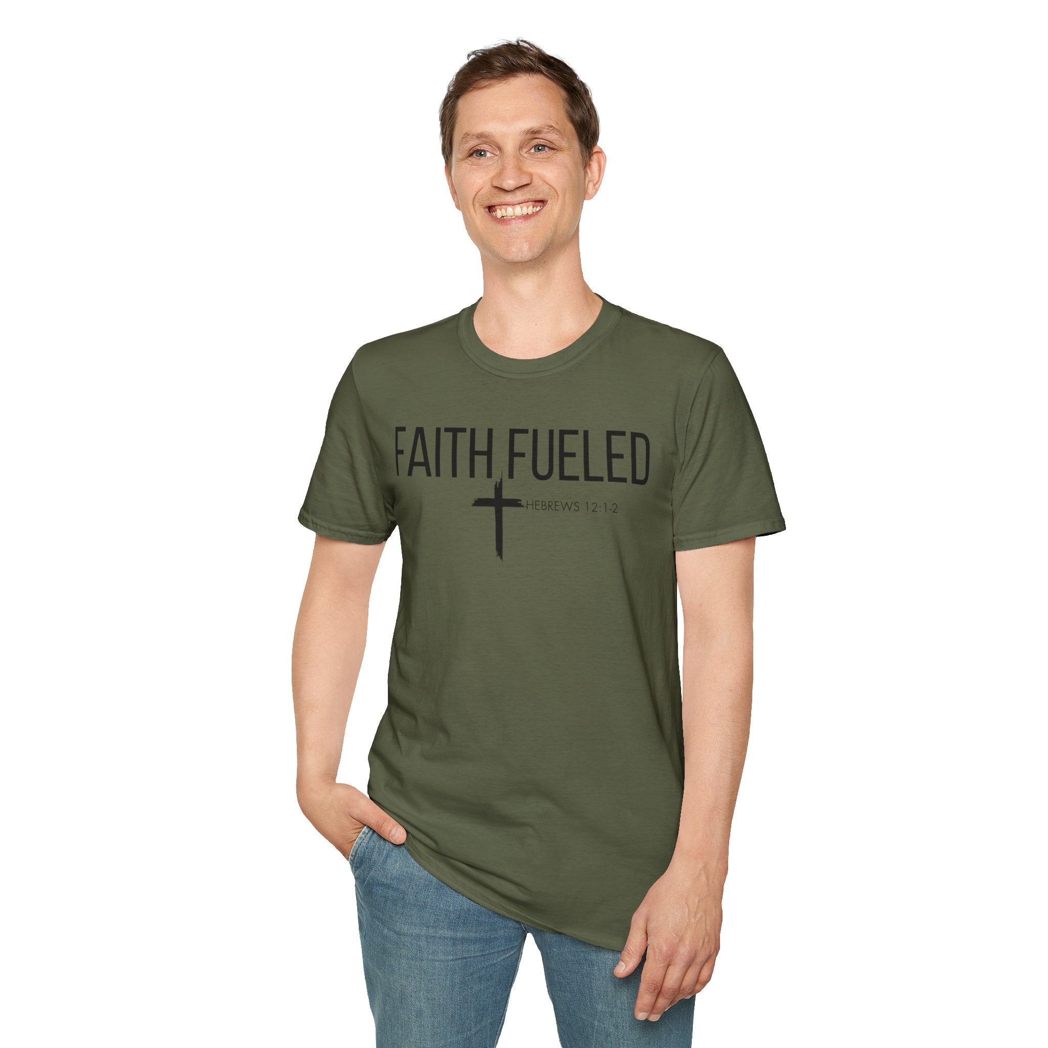 Faith Fueled T-Shirt — Christian Cross Tee with Scripture (Hebrews 12:2)
