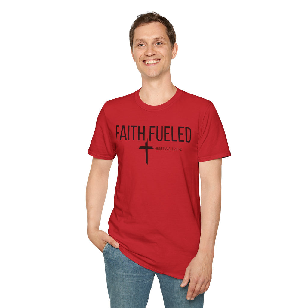 Faith Fueled T-Shirt — Christian Cross Tee with Scripture (Hebrews 12:2)