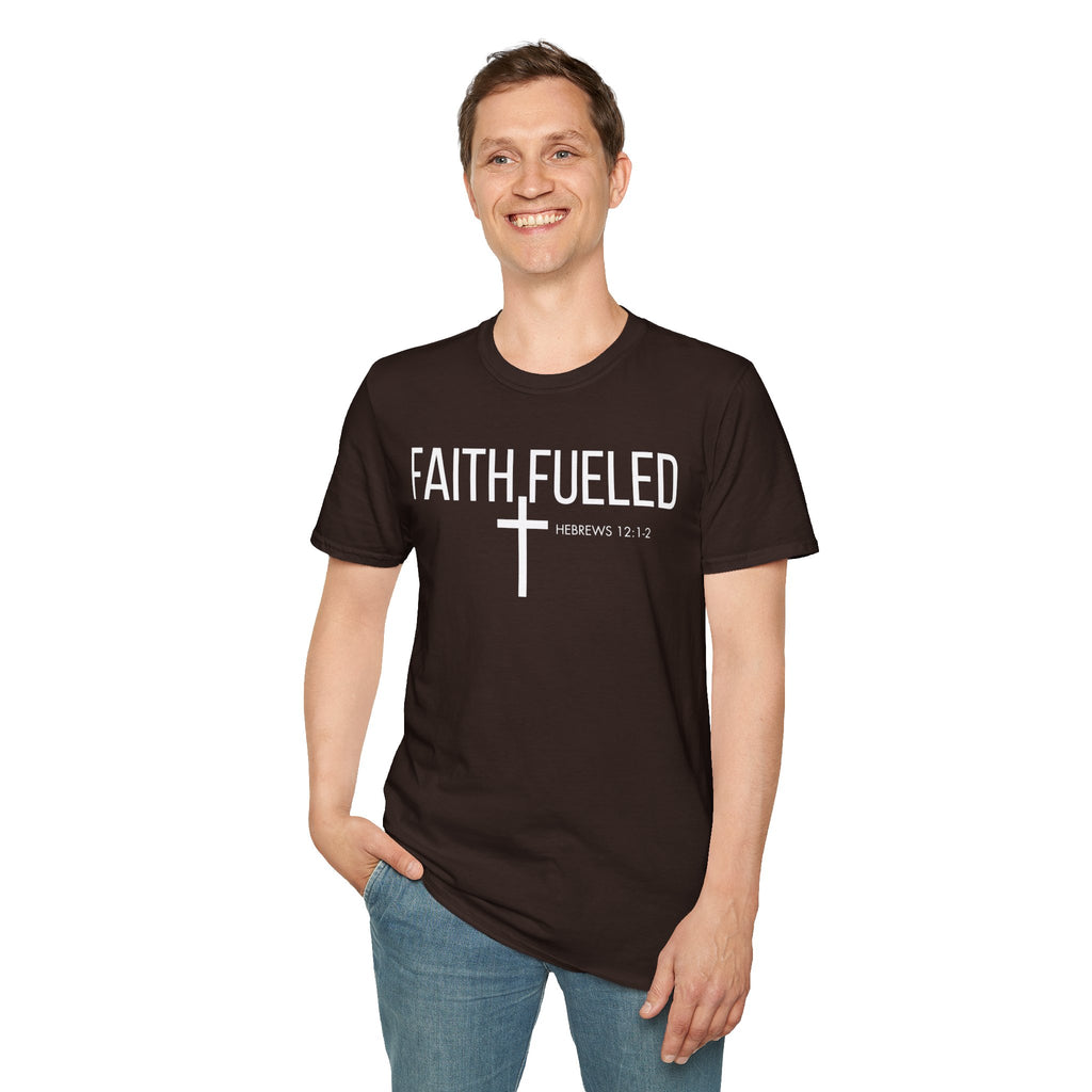 Faith Fueled T-Shirt — Christian Cross Tee with Scripture (Hebrews 12:2)