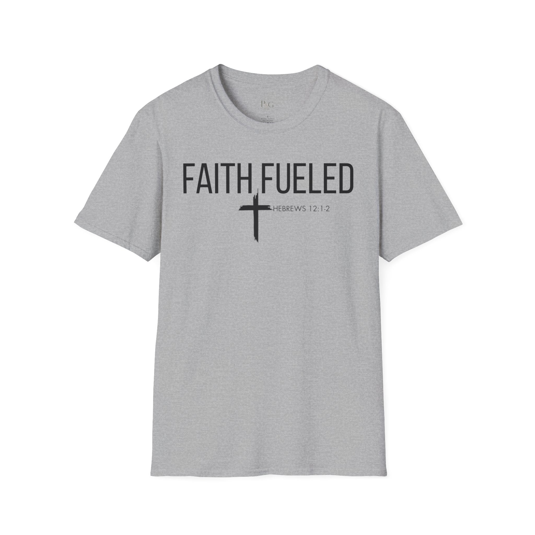 Faith Fueled T-Shirt — Christian Cross Tee with Scripture (Hebrews 12:2)