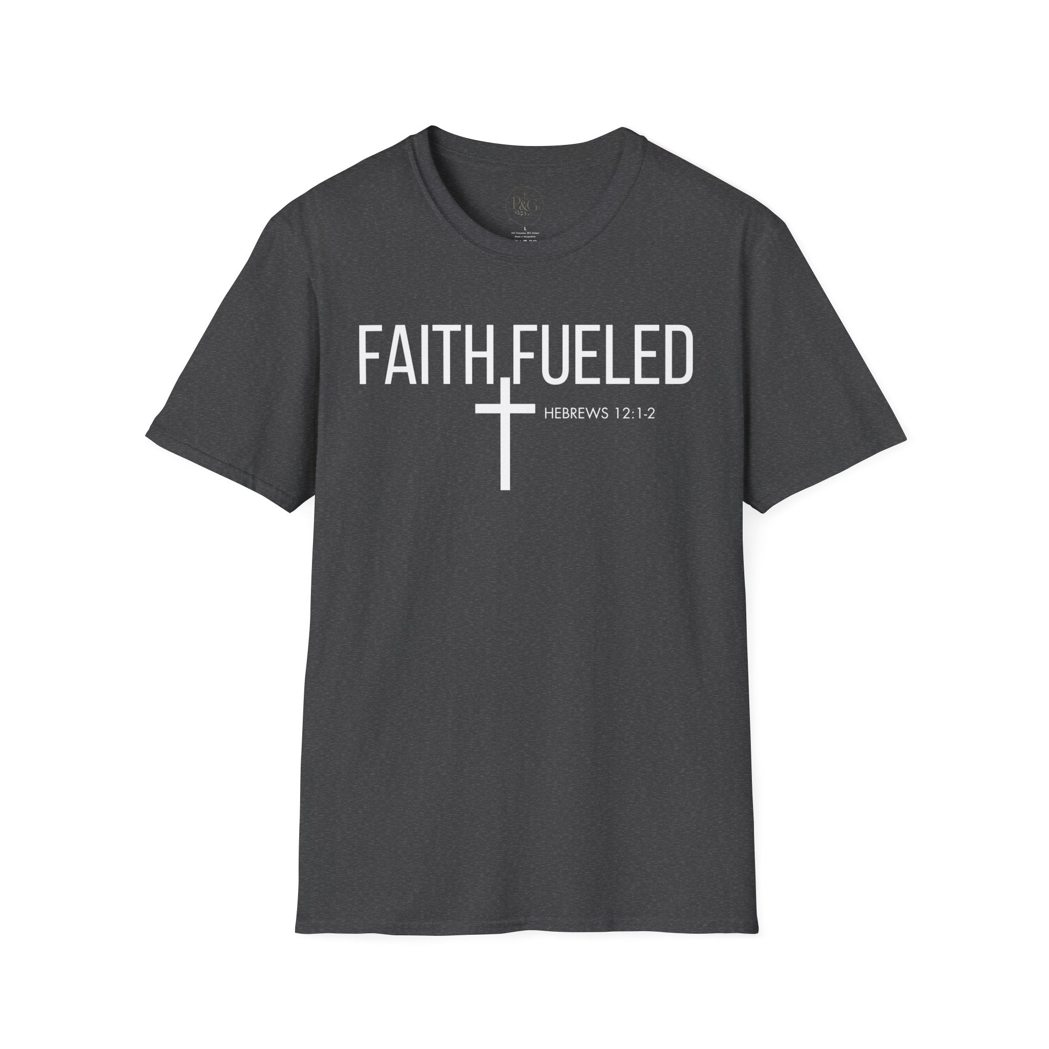 Faith Fueled T-Shirt — Christian Cross Tee with Scripture (Hebrews 12:2)