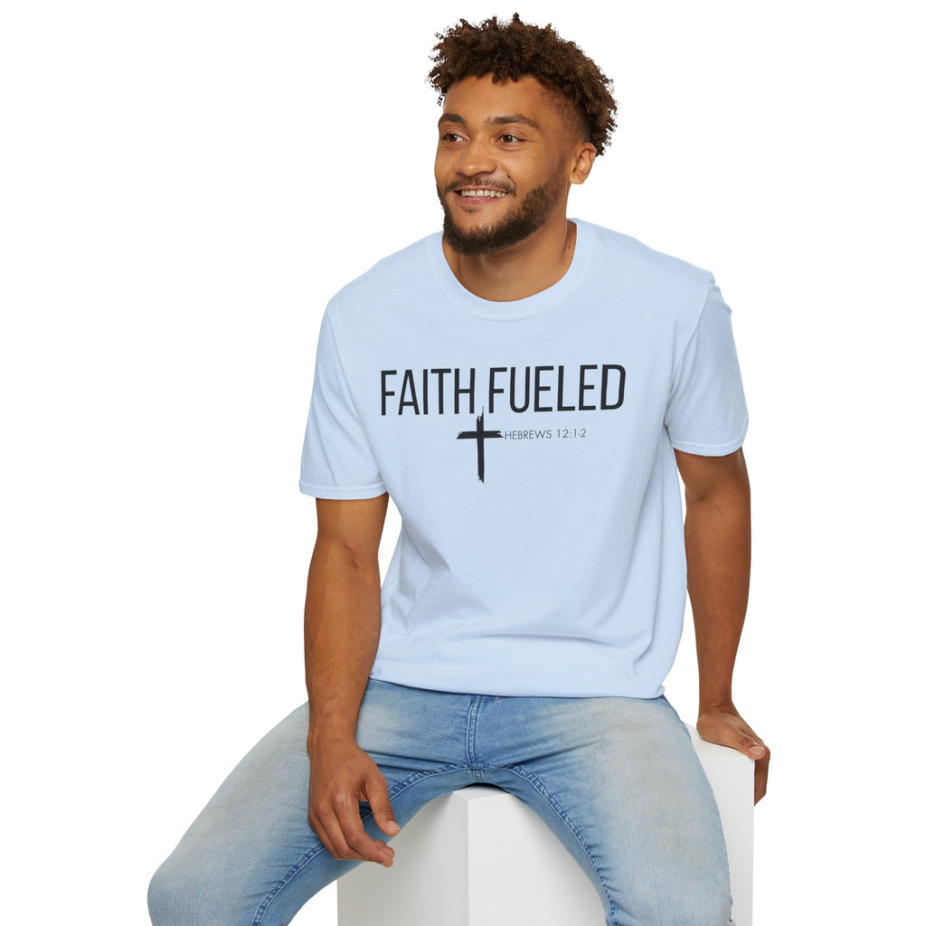 Faith Fueled T-Shirt — Christian Cross Tee with Scripture (Hebrews 12:2)