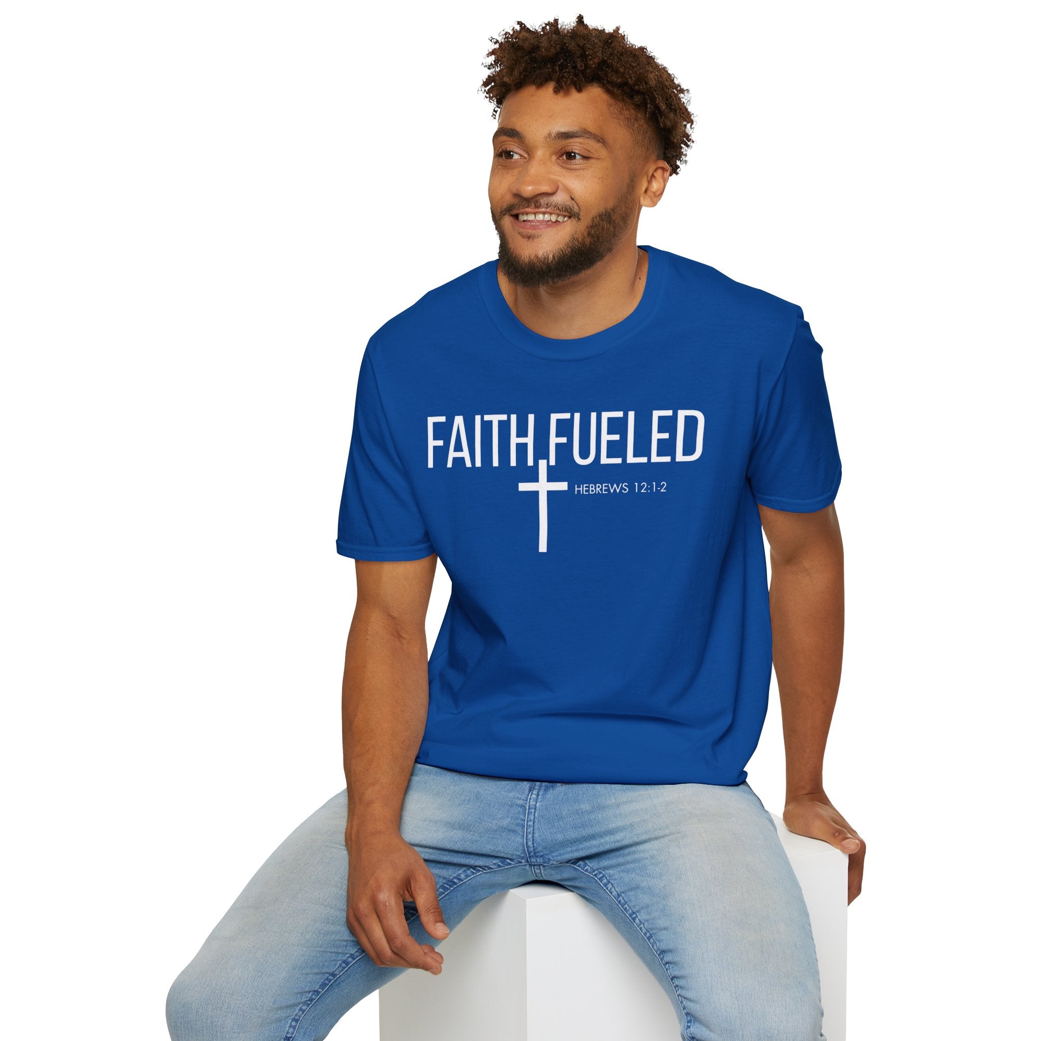 Faith Fueled T-Shirt — Christian Cross Tee with Scripture (Hebrews 12:2)