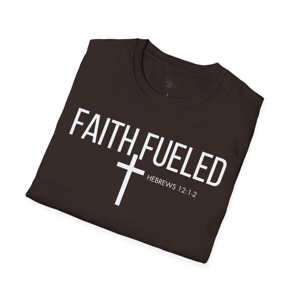 Faith Fueled T-Shirt — Christian Cross Tee with Scripture (Hebrews 12:2)
