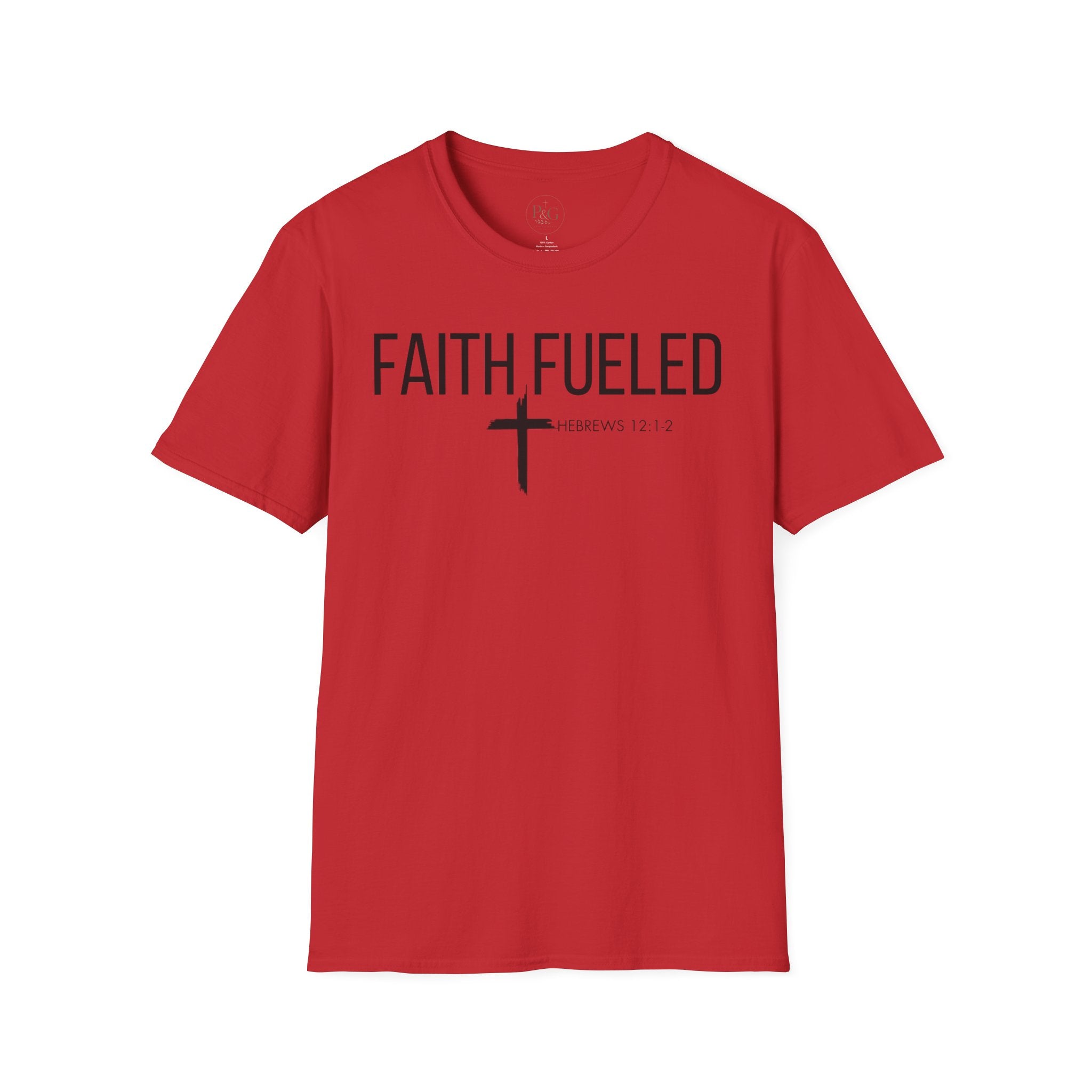 Faith Fueled T-Shirt — Christian Cross Tee with Scripture (Hebrews 12:2)