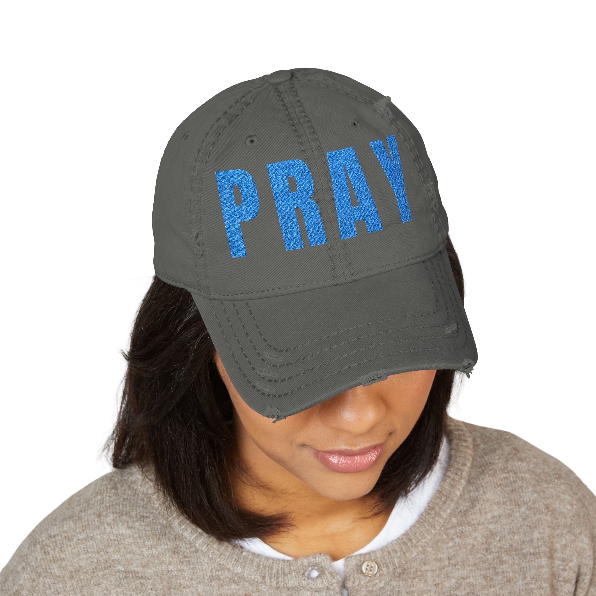 PRAY Distressed Dad Hat — Embroidered Vintage Baseball Cap for Faith & Prayer