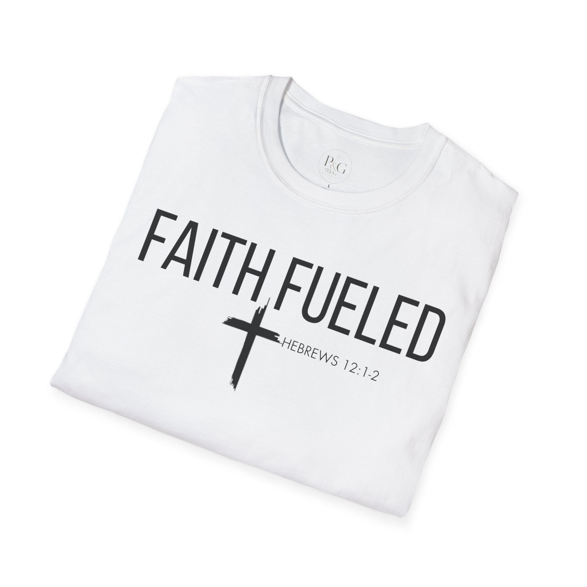 Faith Fueled T-Shirt — Christian Cross Tee with Scripture (Hebrews 12:2)