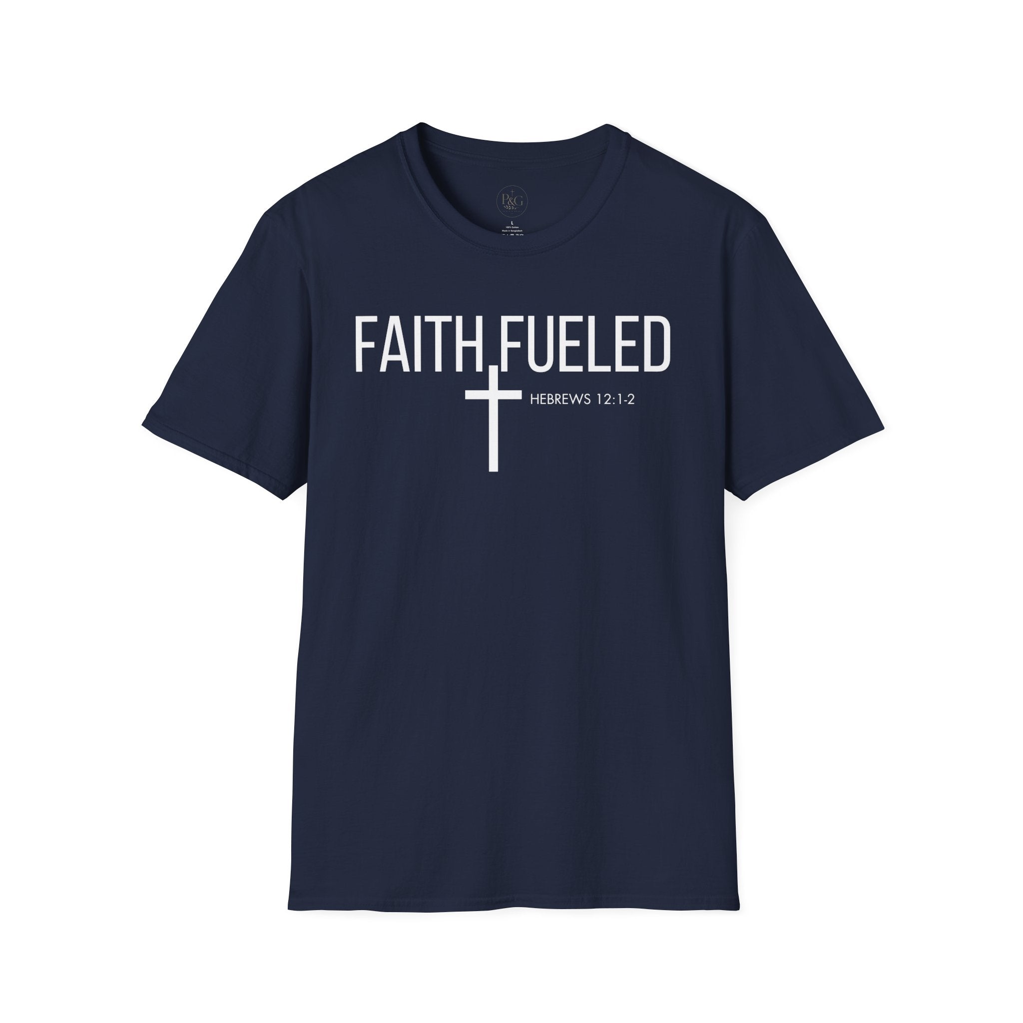 Faith Fueled T-Shirt — Christian Cross Tee with Scripture (Hebrews 12:2)