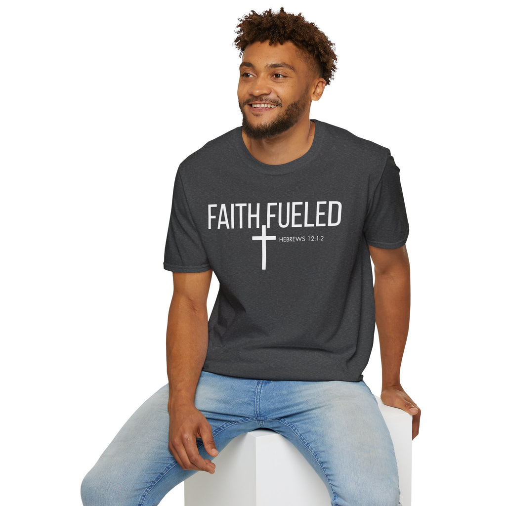 Faith Fueled T-Shirt — Christian Cross Tee with Scripture (Hebrews 12:2)