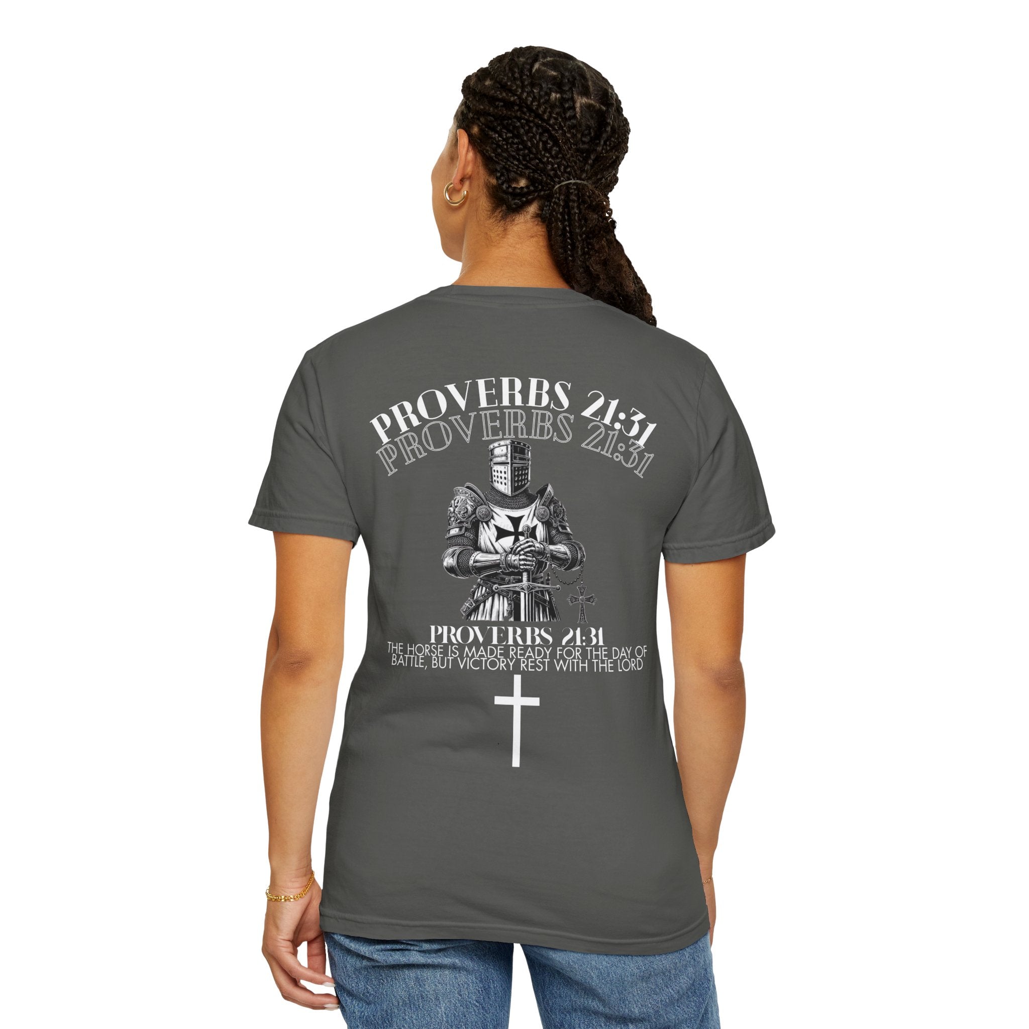 Proverbs 21:31 Knight Cross T-Shirt — Christian Faith Armor Tee