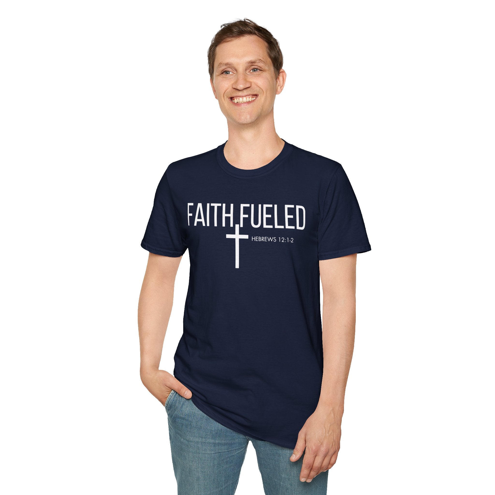 Faith Fueled T-Shirt — Christian Cross Tee with Scripture (Hebrews 12:2)