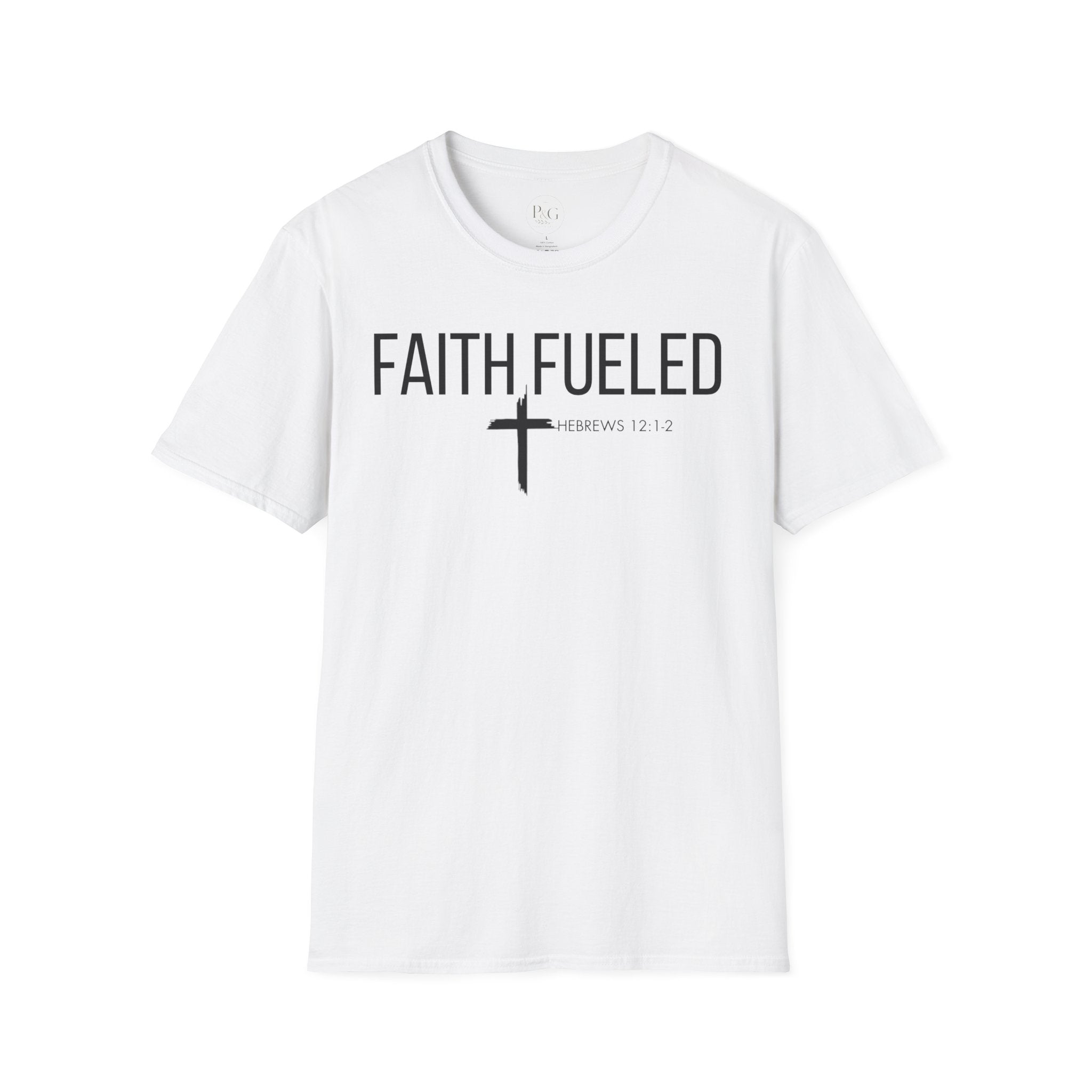 Faith Fueled T-Shirt — Christian Cross Tee with Scripture (Hebrews 12:2)