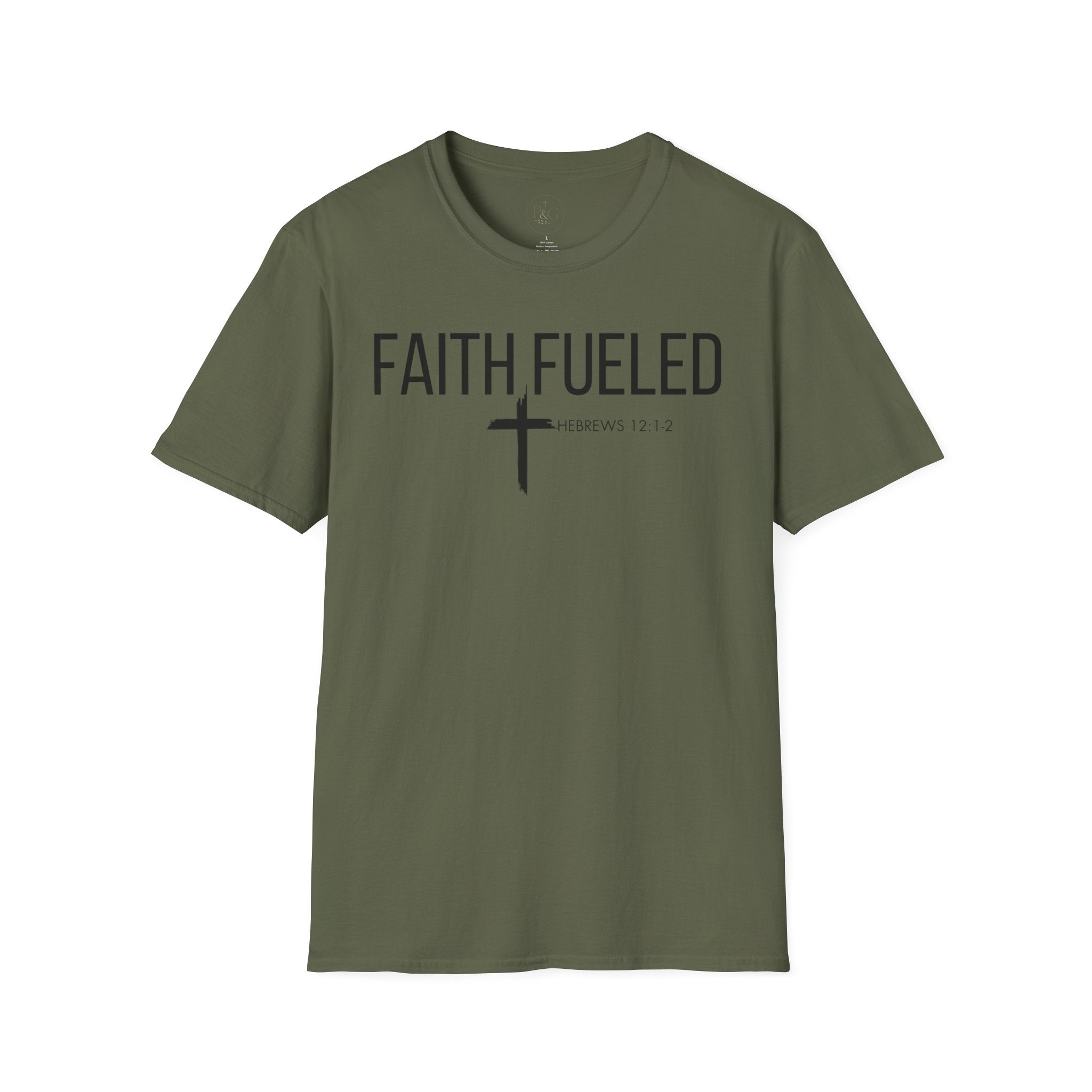 Faith Fueled T-Shirt — Christian Cross Tee with Scripture (Hebrews 12:2)