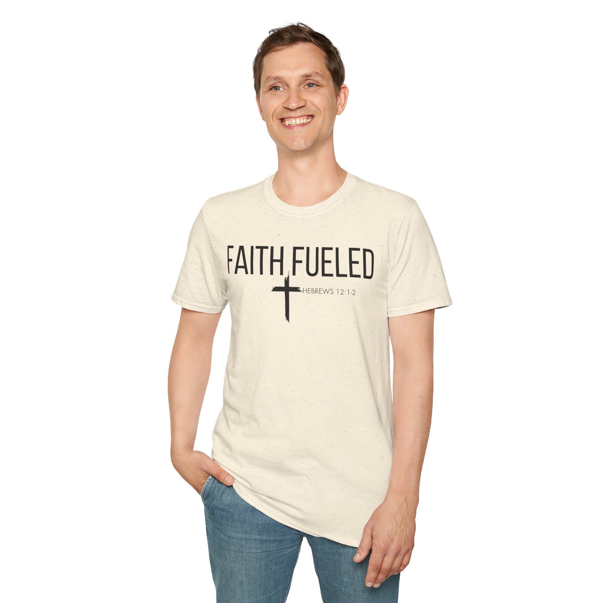 Faith Fueled T-Shirt — Christian Cross Tee with Scripture (Hebrews 12:2)