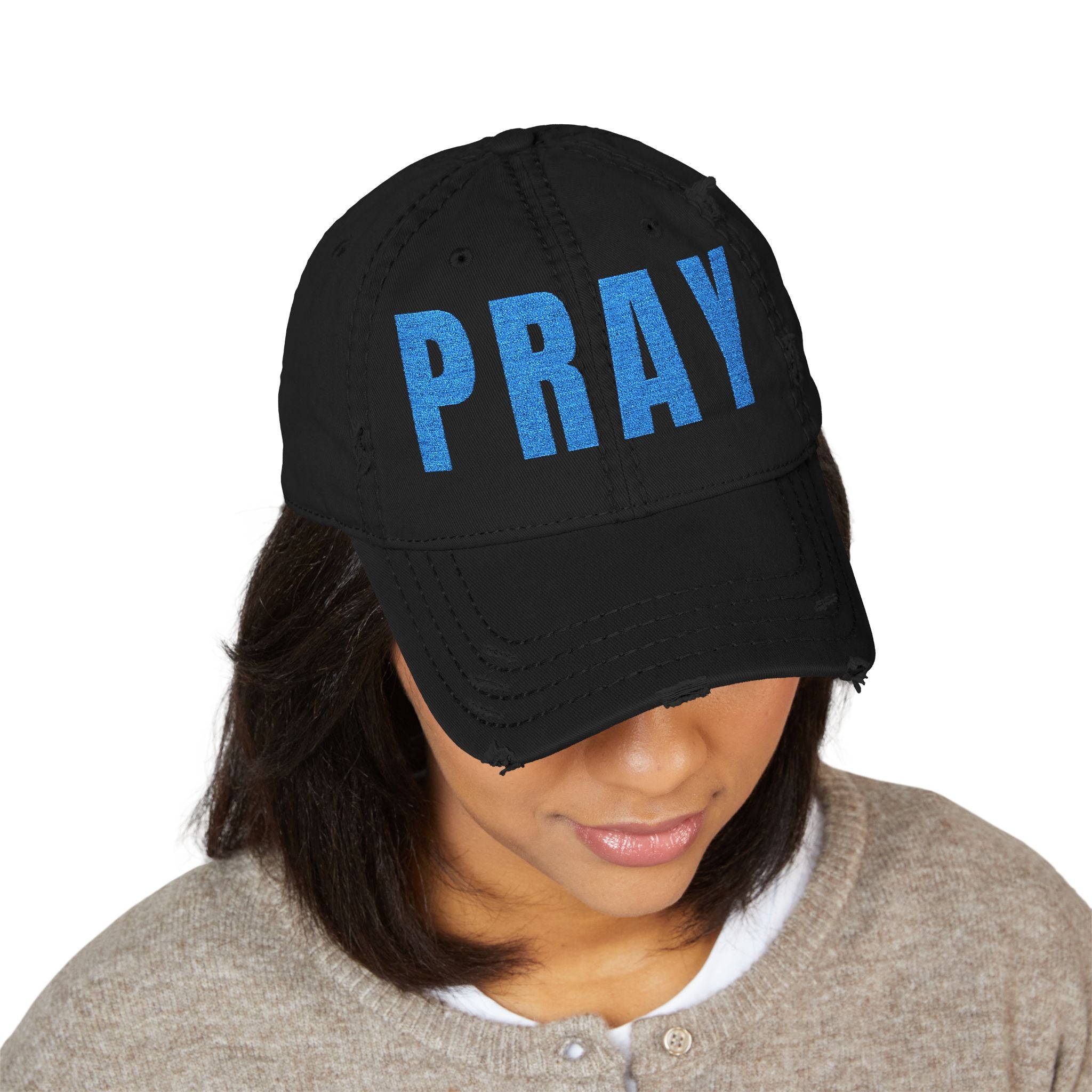 PRAY Distressed Dad Hat — Embroidered Vintage Baseball Cap for Faith & Prayer