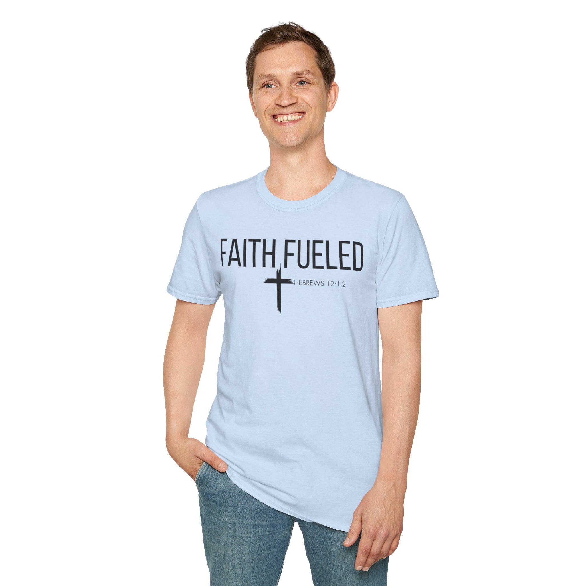 Faith Fueled T-Shirt — Christian Cross Tee with Scripture (Hebrews 12:2)