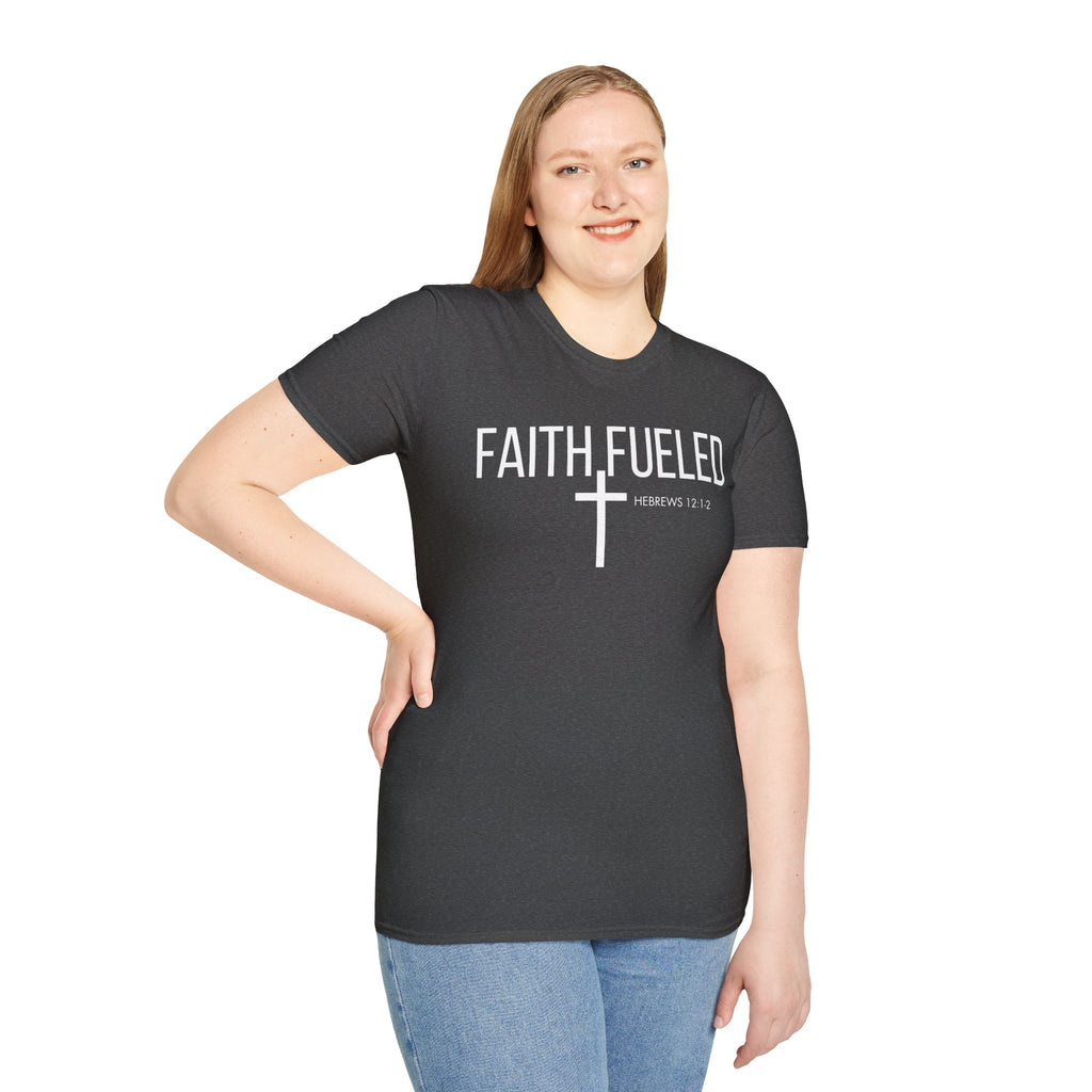 Faith Fueled T-Shirt — Christian Cross Tee with Scripture (Hebrews 12:2)