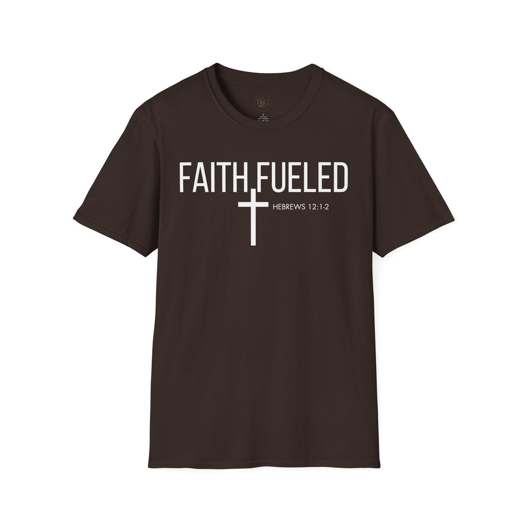Faith Fueled T-Shirt — Christian Cross Tee with Scripture (Hebrews 12:2)