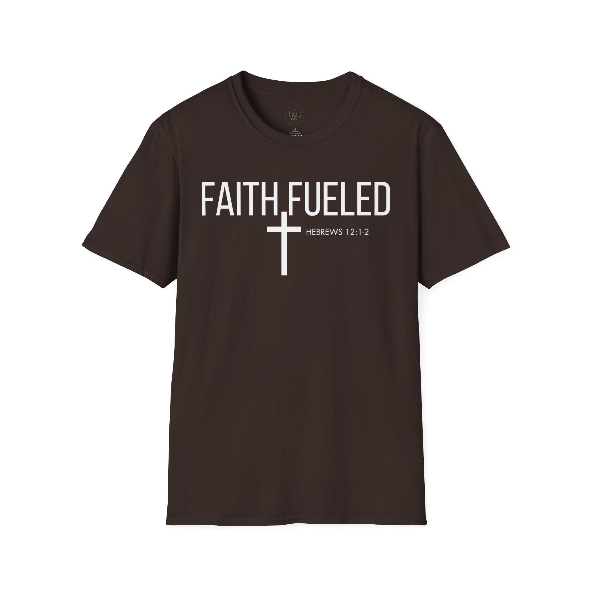 Faith Fueled T-Shirt — Christian Cross Tee with Scripture (Hebrews 12:2)