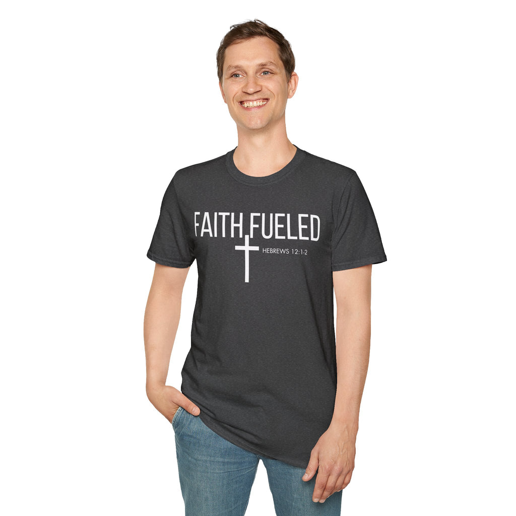 Faith Fueled T-Shirt — Christian Cross Tee with Scripture (Hebrews 12:2)