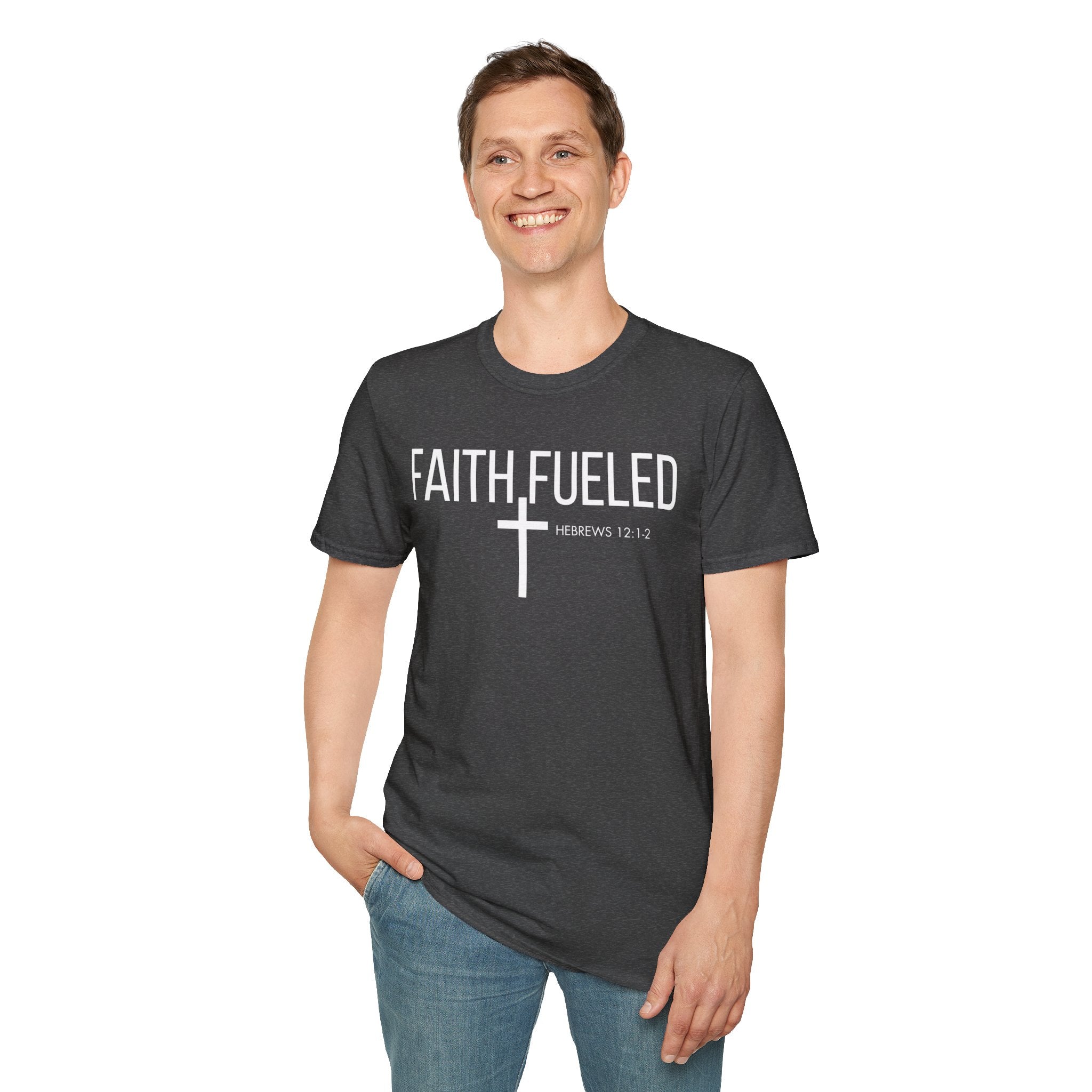 Faith Fueled T-Shirt — Christian Cross Tee with Scripture (Hebrews 12:2)
