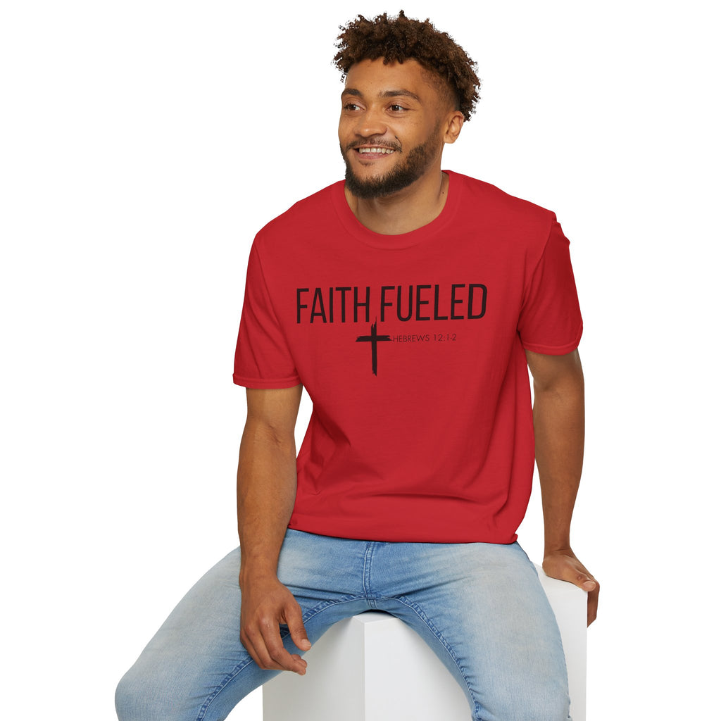 Faith Fueled T-Shirt — Christian Cross Tee with Scripture (Hebrews 12:2)