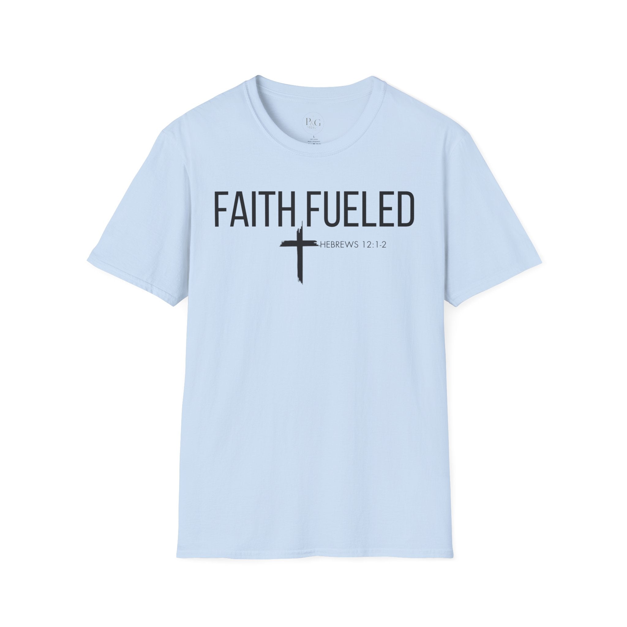 Faith Fueled T-Shirt — Christian Cross Tee with Scripture (Hebrews 12:2)