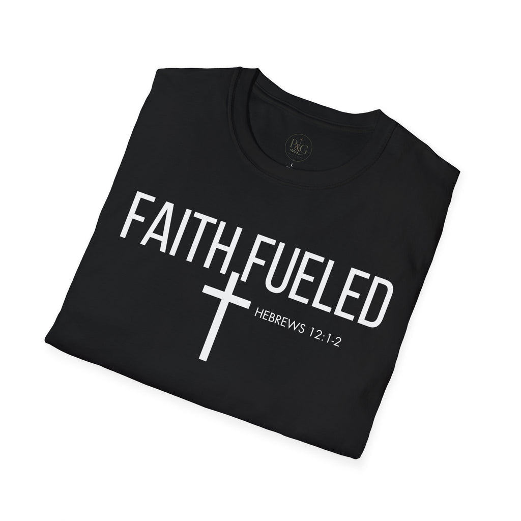 Faith Fueled T-Shirt — Christian Cross Tee with Scripture (Hebrews 12:2)