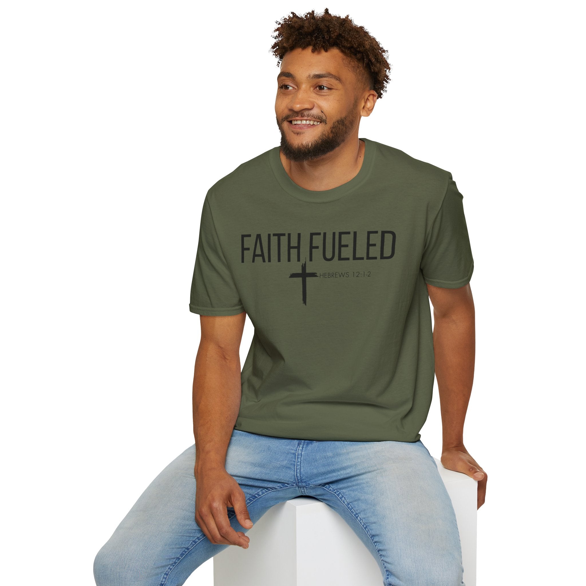 Faith Fueled T-Shirt — Christian Cross Tee with Scripture (Hebrews 12:2)