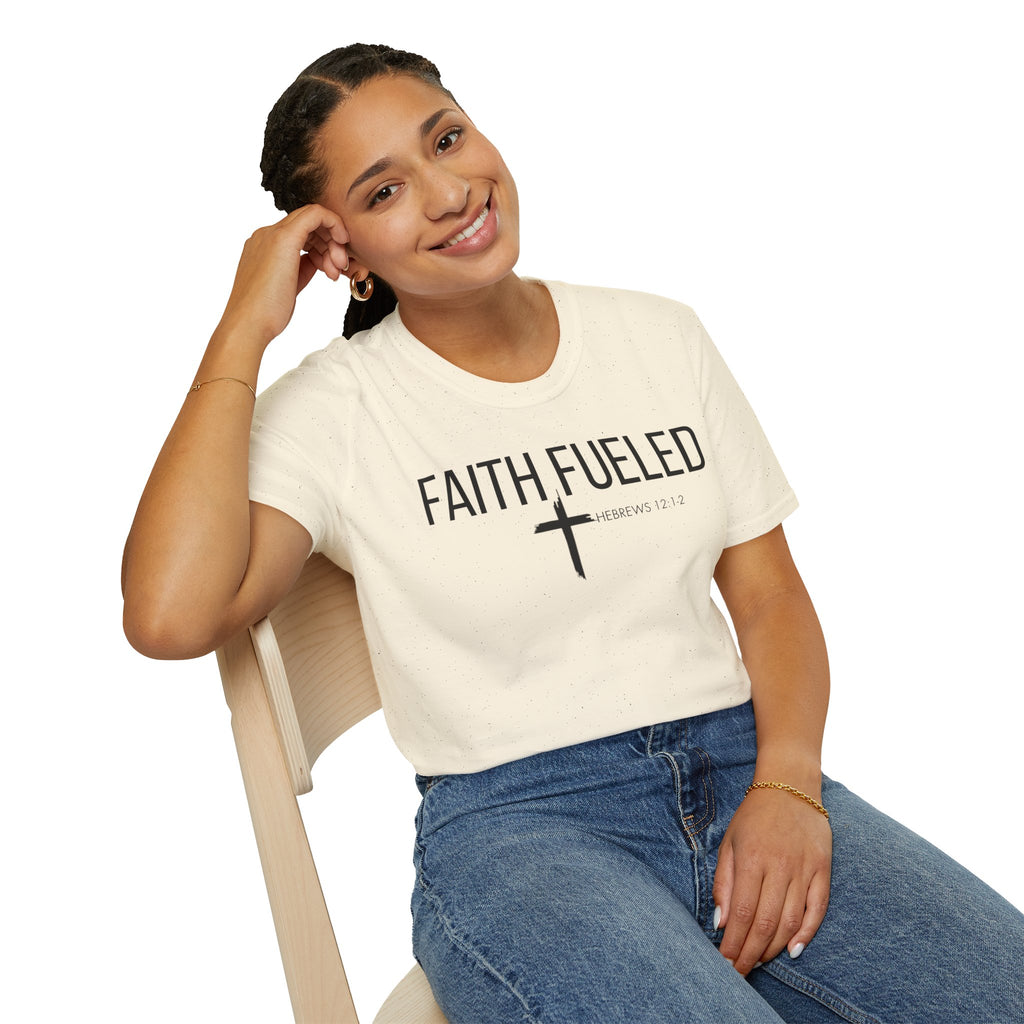 Faith Fueled T-Shirt — Christian Cross Tee with Scripture (Hebrews 12:2)