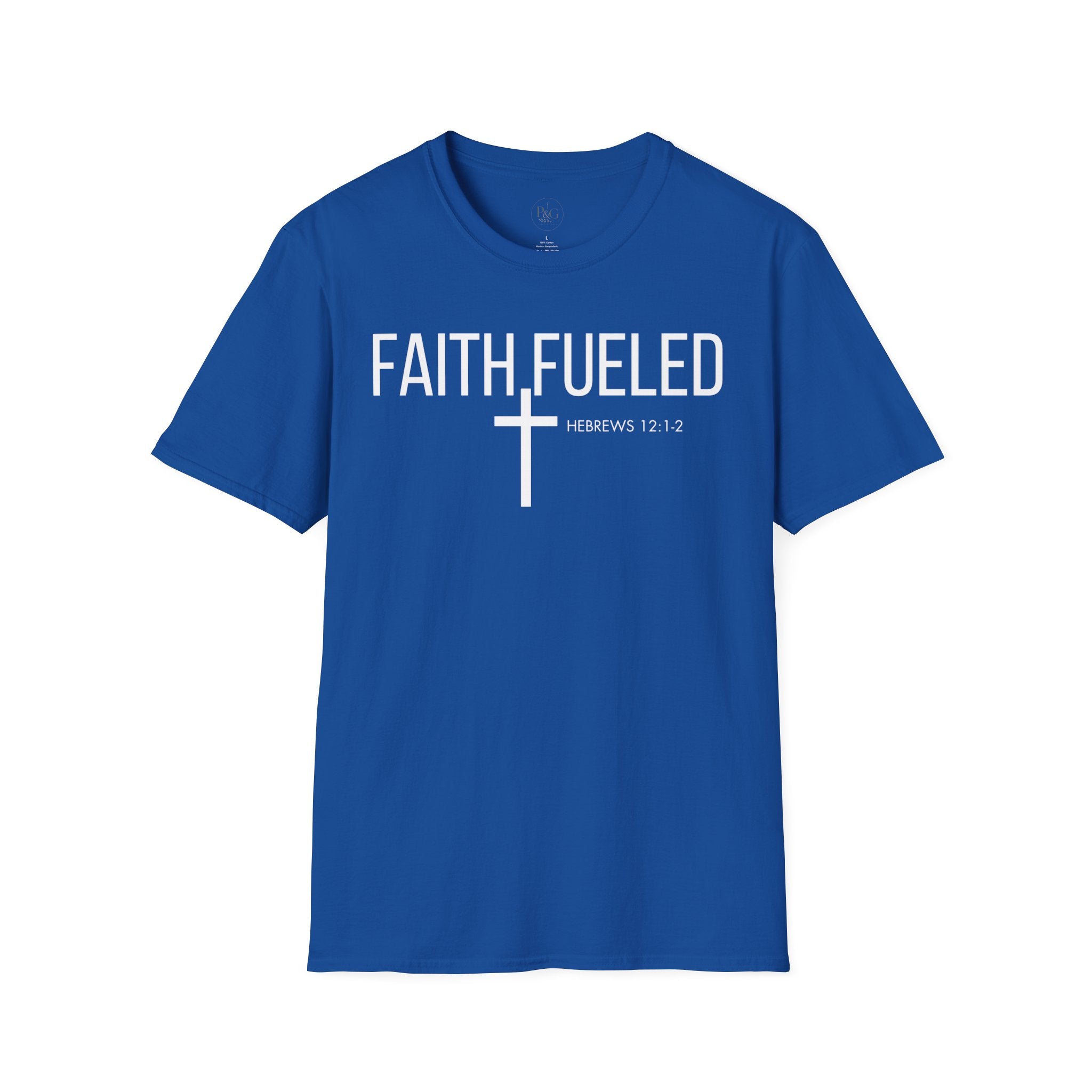 Faith Fueled T-Shirt — Christian Cross Tee with Scripture (Hebrews 12:2)