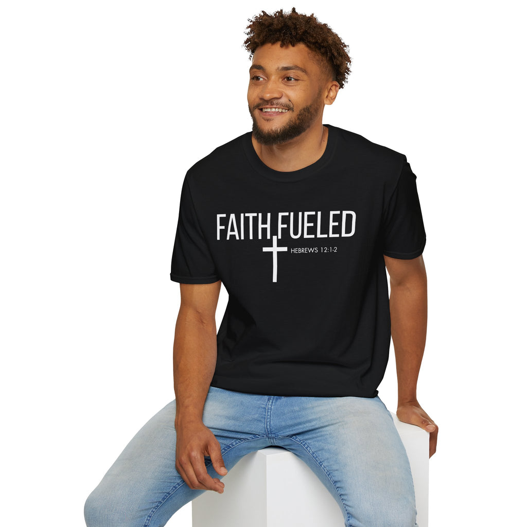 Faith Fueled T-Shirt — Christian Cross Tee with Scripture (Hebrews 12:2)