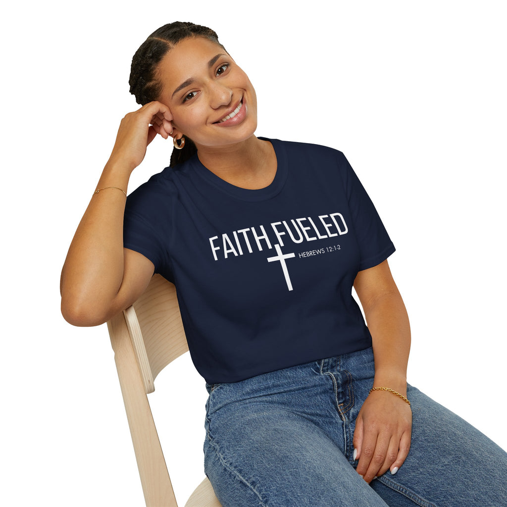 Faith Fueled T-Shirt — Christian Cross Tee with Scripture (Hebrews 12:2)