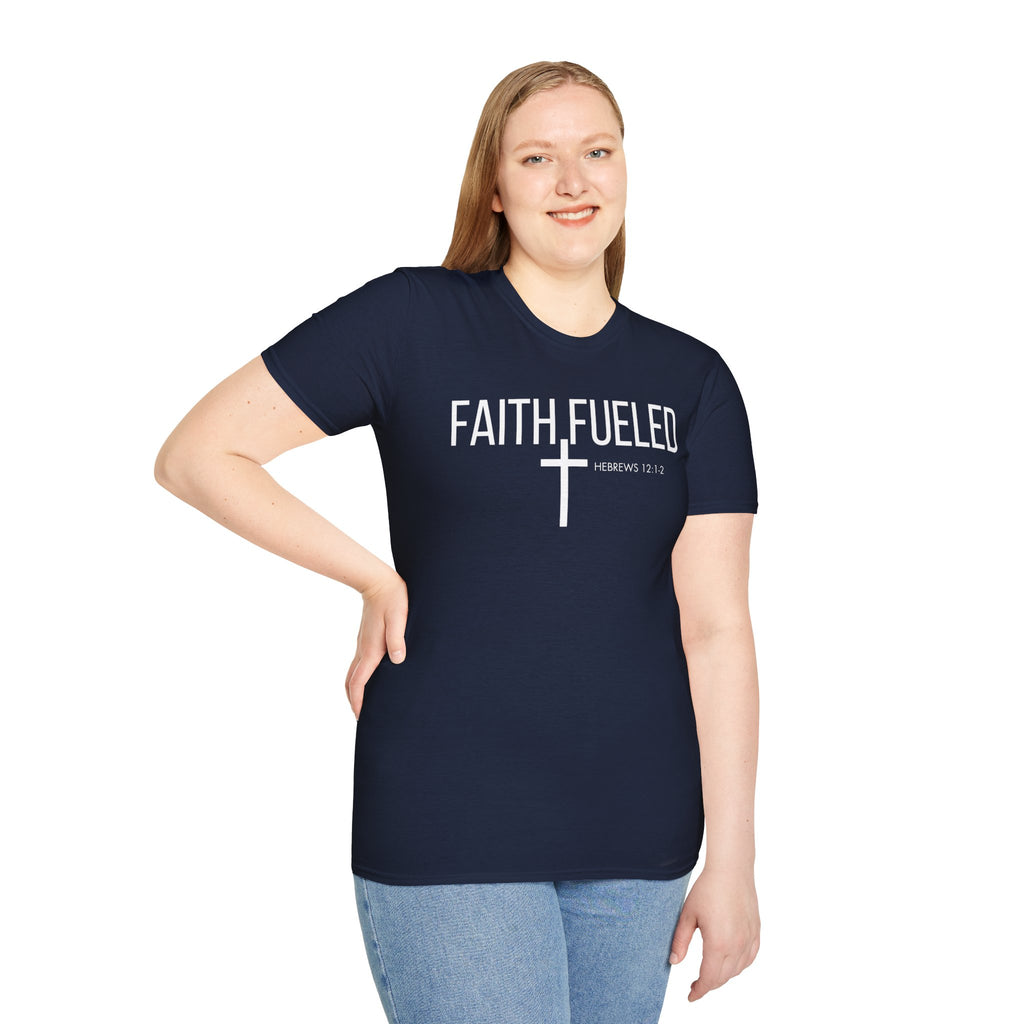 Faith Fueled T-Shirt — Christian Cross Tee with Scripture (Hebrews 12:2)