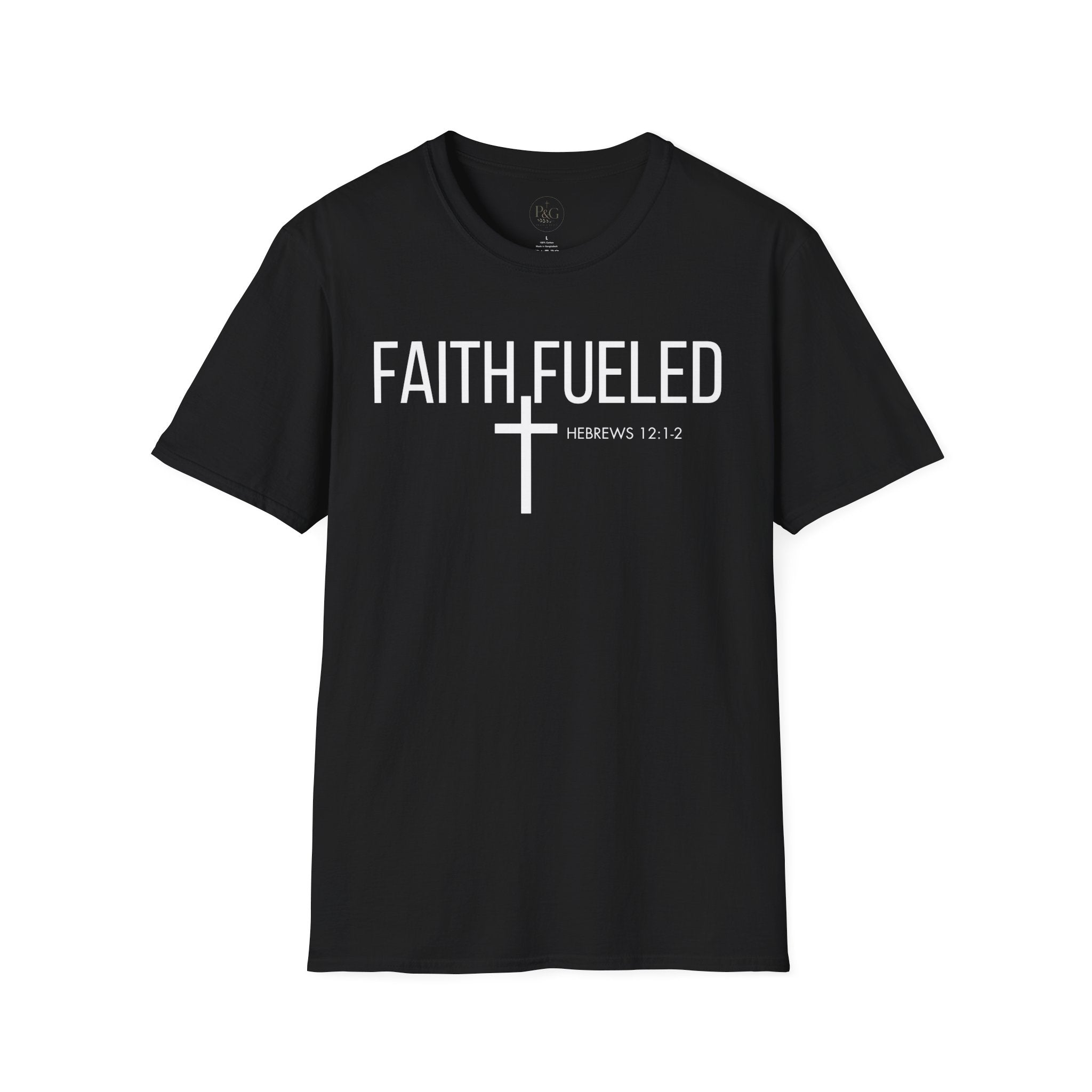 Faith Fueled T-Shirt — Christian Cross Tee with Scripture (Hebrews 12:2)